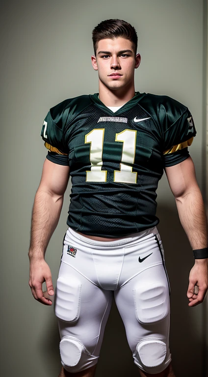 Young white man american football player, , military haircut, dark black hair, intense green eyes, intense gaze, affiliated features, no facial hair, height 1.93, weight 96 kg, muscular and corpulent build, broad shoulders, V-shaped body, full body focus, completely hairless,