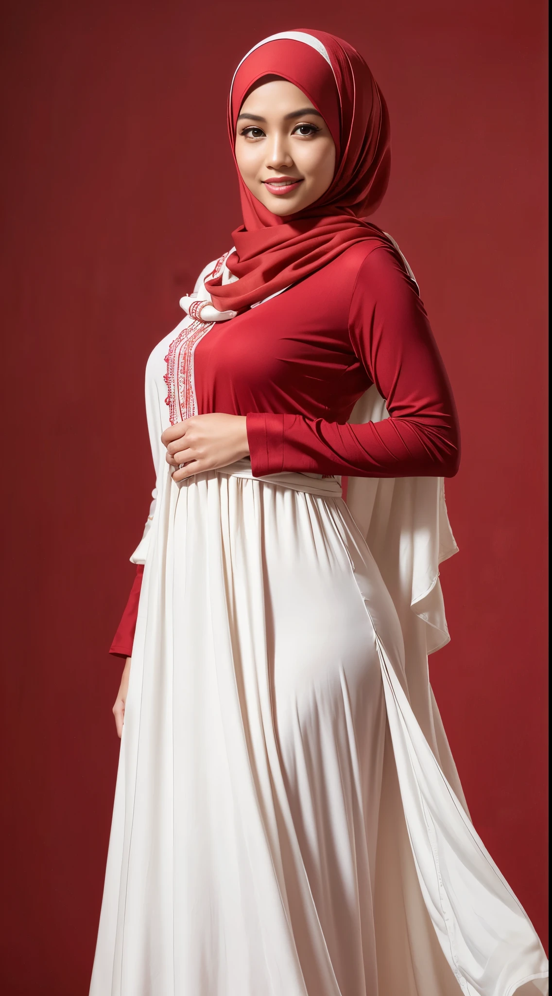 RAW, Best quality, high resolution, work: 1.3, beautiful Malay woman in hijab, beautiful big eyes, smiling, beautiful face, shiny lips, soft smile, medium portrait, watery eye ,big breast,beautifull woman wearing a red and white dress and a white scarf, modest flowing gown, ( ( white, long dress female, white tunic,  dress, stylish dress, detailed picture, dark red, dark red dress, idian dress, full body red dress, full covered dress, long tunic, sea - red and white clothes, red dress, an elegant red, background, bokeh,