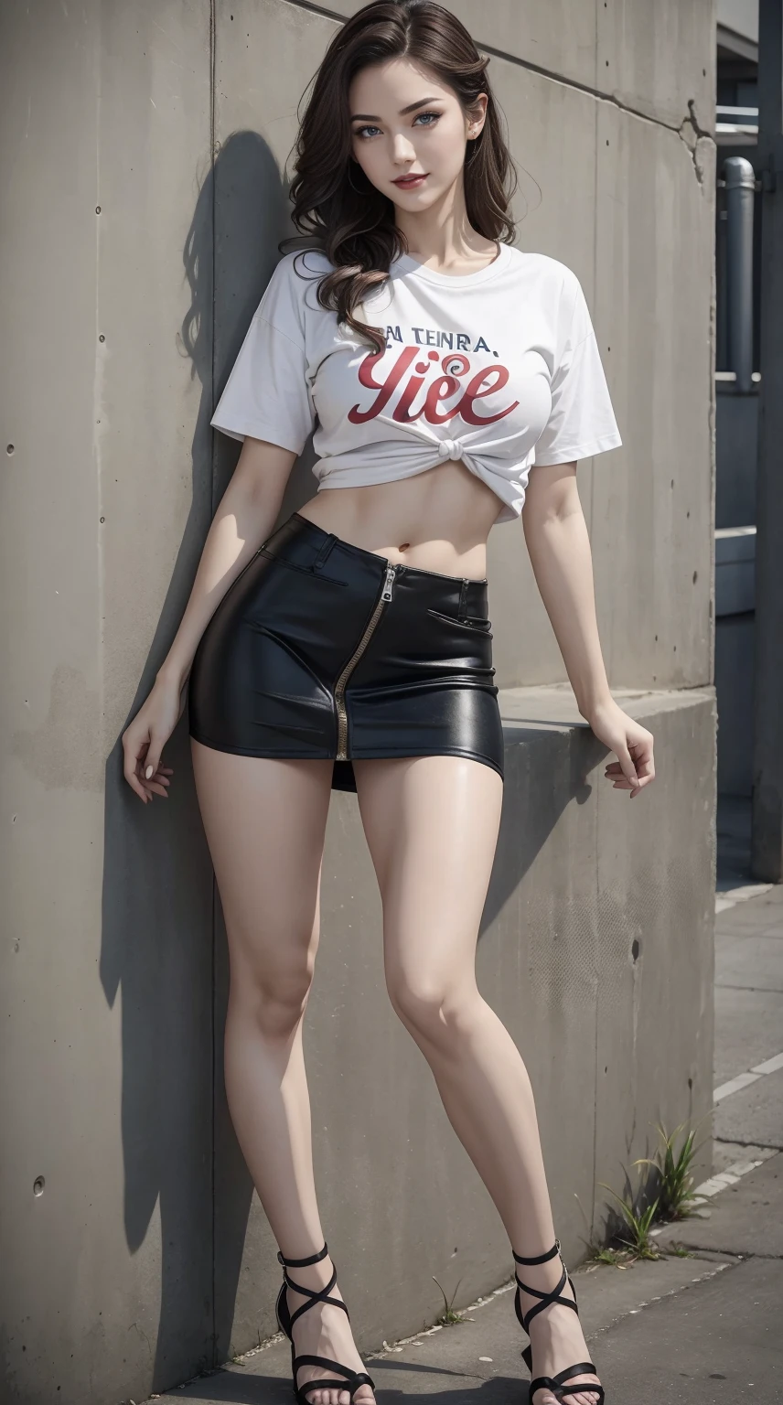 24-year-old woman、Hair color is brunette、Eye color is blue、Longhaire、wearing eye shadow and lipstick、Slender but well-proportioned muscular body、a smile、Beautiful breasts、I&#39;m wearing a T-shirt that&#39;s too small、I can see the lower breasts、My abs are cracked、I can see the navel、I&#39;m wearing a side zipper skirt、my hair is tied up、I&#39;m wearing lace-up sandals、on an old concrete wall