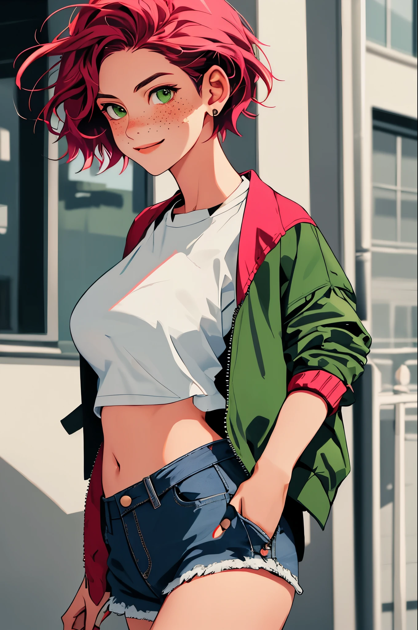 volumetric lighting, best shadows, shallow depth of field, portrait of a stunning girl, small, delicate, attractive face, seductive green eyes, happy smile, closed mouth, lovely medium breasts, (short red hair), freckles, thick eyelashes, open pink pop jacket, white underboob mini t-shirt, open belly button, thin waist, jean shorts, walking on the street, (high quality, amazing details: 1.25), bright colored paintings, open shorts, showing panties, open button, open zipper