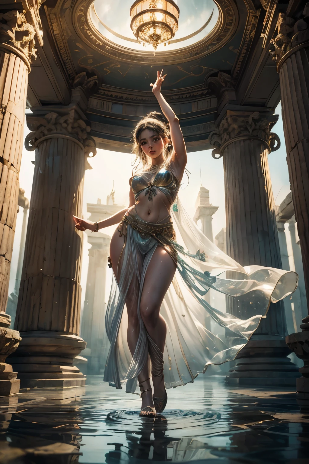 a woman with long hair and a green dress is surrounded by flowers, beautiful digital illustration, stunning digital illustration, exquisite digital illustration, charlie bowater rich deep colors, charlie bowater art style, a beautiful artwork illustration, beautiful digital artwork, gorgeous digital art, beautiful fantasy art portrait, charlie bowater character art, martin ansin artwork portrait, style of charlie bowater, classical dancer, dancer in psychedelic movement, dancer with very short and transparent skirt, dancer dancing inside ancient Greek temple, interior of ancient ruin, Greek column, girl dressed in transparent white tunic showing naked body, no panties, no panties, exotic dancer showing vagina, girl looking at the hourglass, ((floating hourglass)), night light, full moon, sky with dark clouds clouded with rain, lightning in the middle of the dark sky, full female body, ((pieno and guitar fused) ), floating foot and guitar, surreal art composition, beautiful girl dancing with transparent white tunic, lantern and lamp, crimson and turquoise backlight, metallic colors bronze and silver and iron, clocks measuring musical time, triangulated light on dancer, fog and mystery, glowing face, wlop art style, impressionist art, ole on canvas, oil painting, high definition, girl dancing on wet floor that reflects, water on the floor, skin wet with water, girl looking at the ceiling, beautiful girl seen from below, dancer classical nude covered in a transparent white cloak,