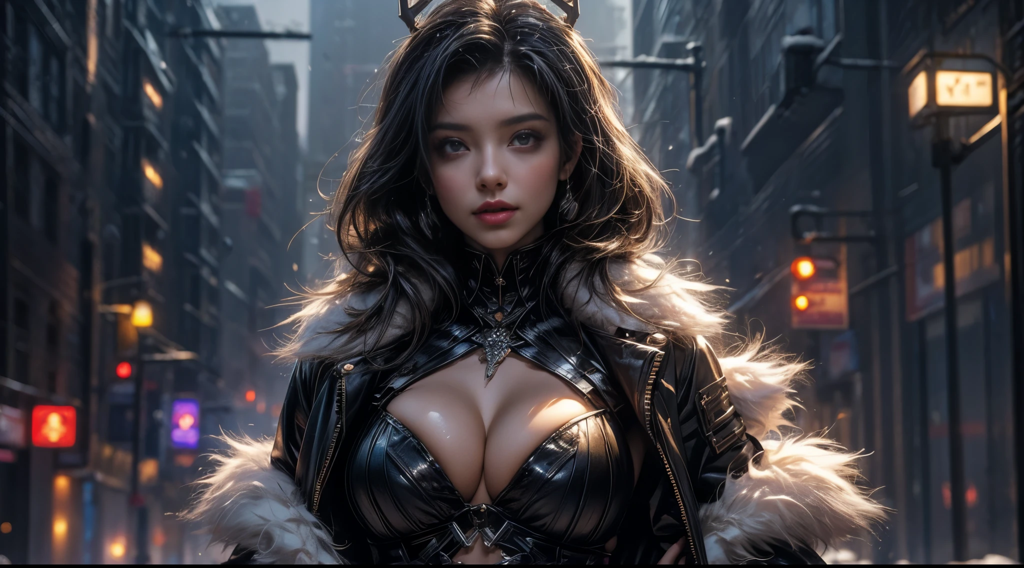 tmasterpiece,quality,Best quality at best,offcial art,(Beauty and aesthetics:1.2),(tmasterpiece:1.3),The cities of the future,cyber punk personage,one-girl,Fur coat,did not wear underwear,Sexy figure,looking at the camera in,(closeup cleavage:1.8),volume fog,snow cover,nevando,theatrical,Christmas Eve,natta
