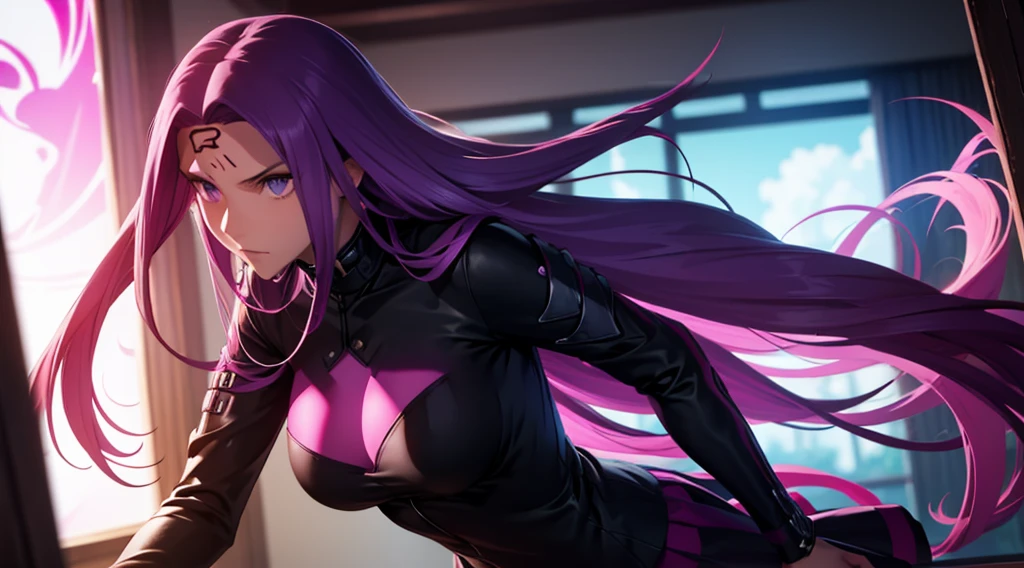 rider, fate/stay night, medusa (rider), purple hair, digital illustration, vibrant colors, soft lighting, glowing effects, perfect face, glowing effects, absurdres, ultrasharp, 8K, long hair, seductive, chains, assassin, short skirt, repunzel hair