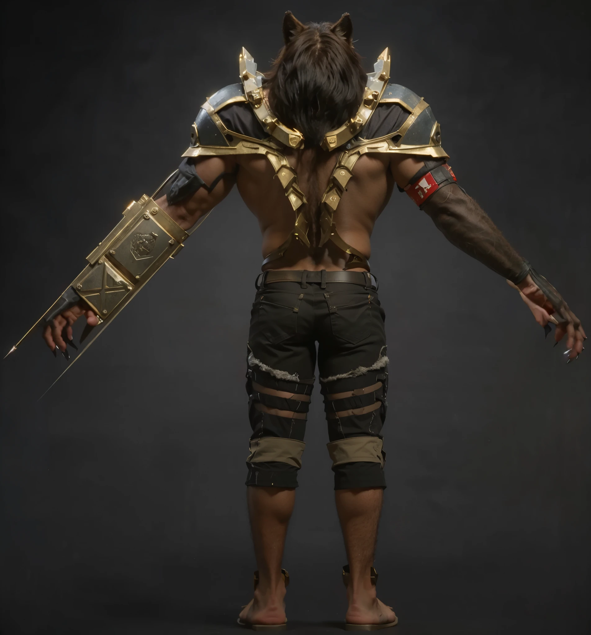 (masterpiece),(best quality:1.0),(ultra high resolution:1.0),monster, lycanthrope, back, wolf's head,claws, wolfteam,shorts, 8k wallpaper, full body