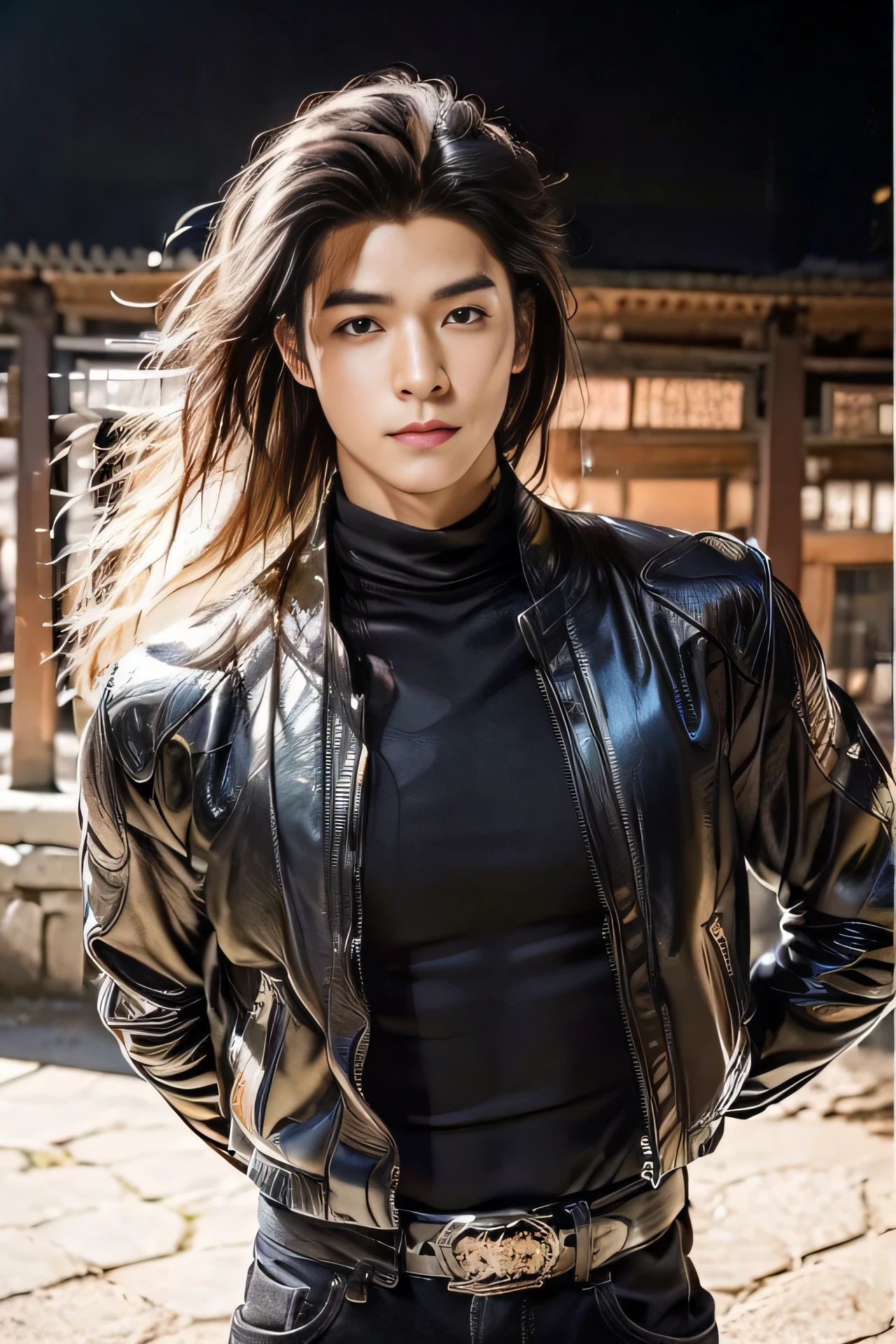 A 21-year-old Asian man，Thick eyebrows, handsome face，Men's full body ，the background is an ancient Chinese town，full moon，Pavilions and arch bridges，The limbs have pronounced muscle lines，high-definition photography，Real-world scenarios，Lots of detail, wearing black leather jacket, black jeans, black turtleneck shirt, magic, ((messy long hair)), looking at viewer, devilish gaze at viewer