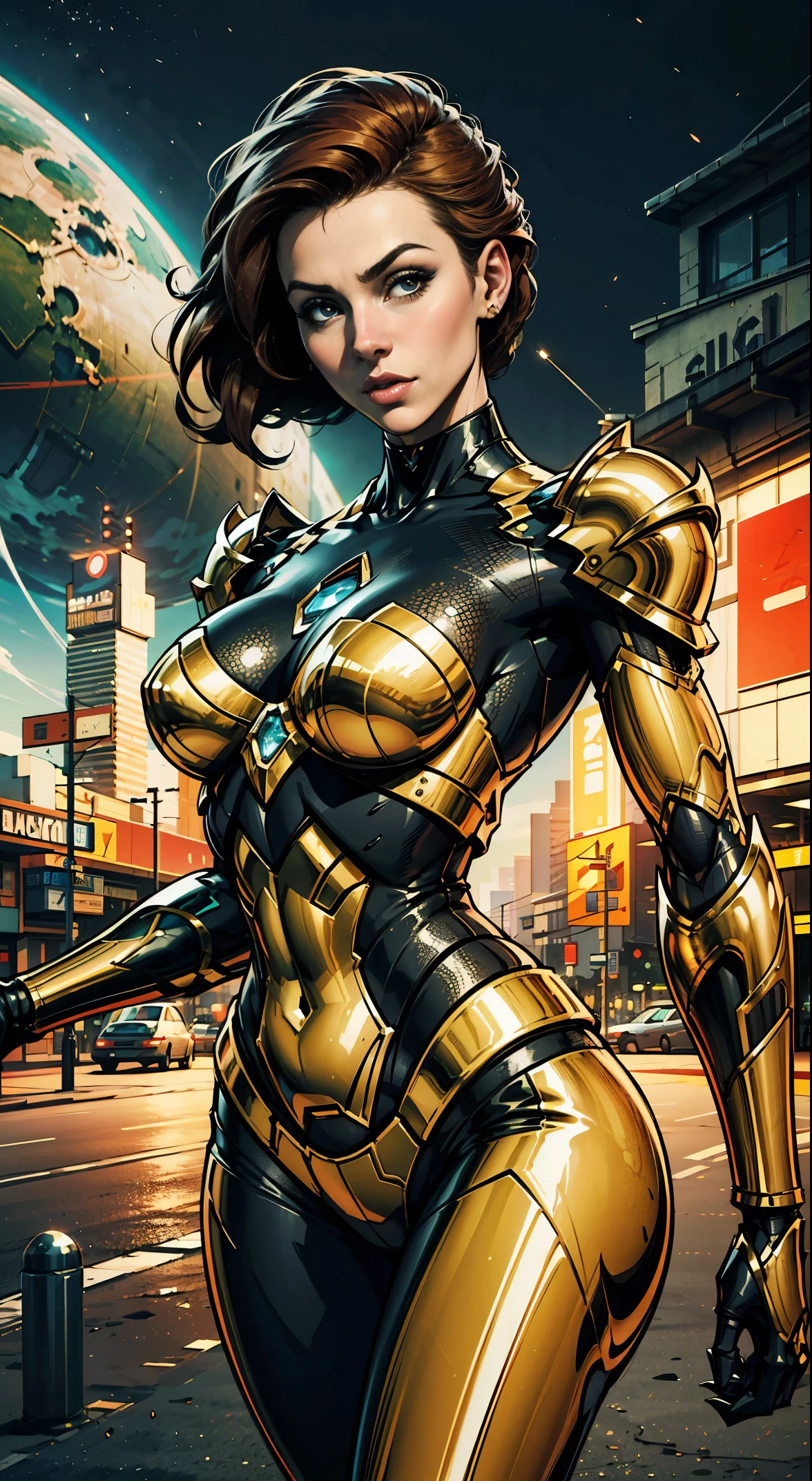 Detailed realistic digital fixed 3d illustration, Bill Wilder estilo quadrinhos dos anos 50, bonitas 3 mulheres, (((busto afiado superdimensionado, rosto perfeito,))) cintura super ultrafina, pernas super longas, Super Corpo de ampulheta, saia justa colorida, cabelos longos, Passeando pela cidade nos anos 50