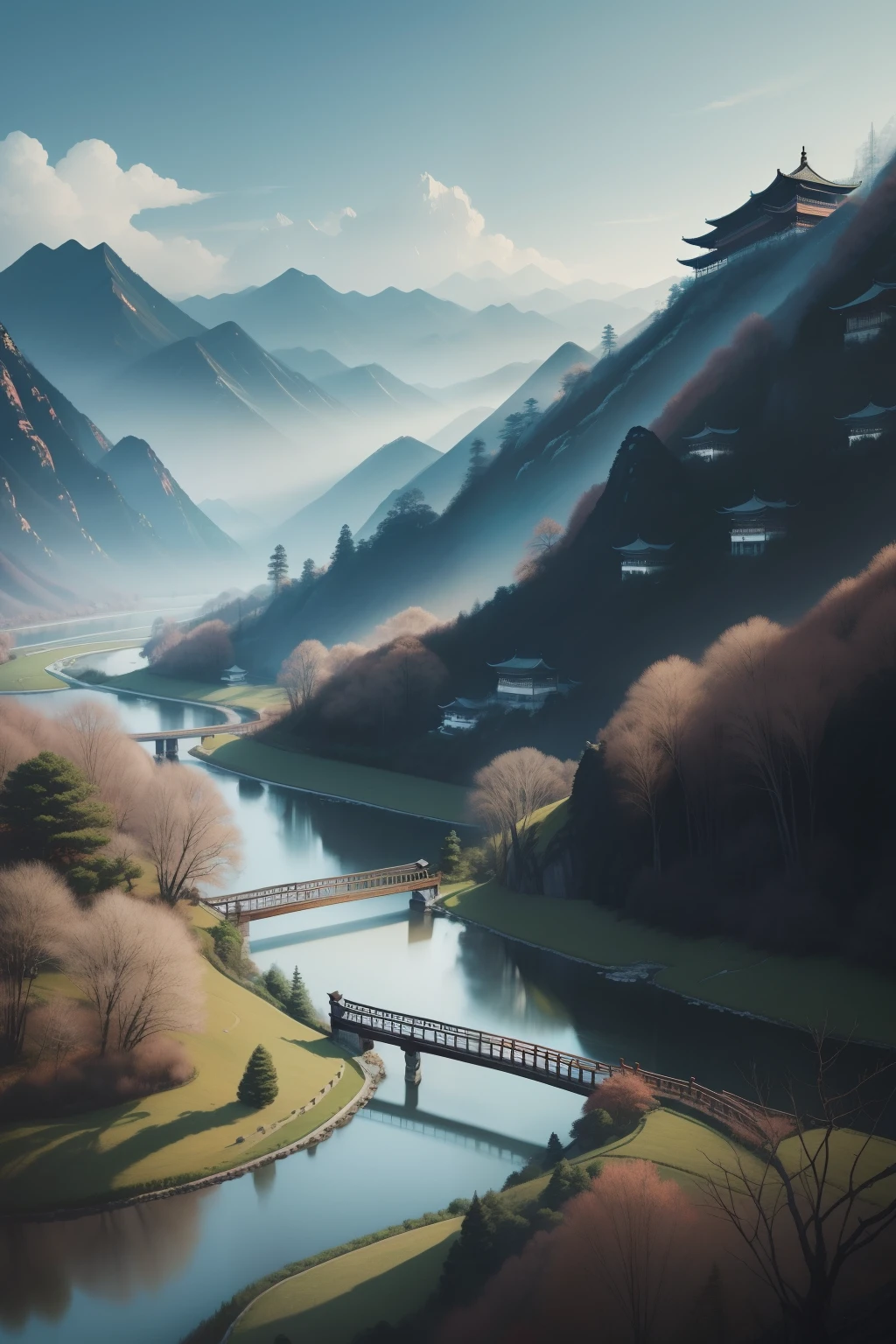 winding mountains and rivers,A quiet Chinese landscape painting,Capture the harmonious beauty of nature。Created in a refined ink painting style,Featuring intricate brushstrokes and pale monochrome,this artwork evokes the peaceful nature of the ancient town,Inspired by Wang Hui、Xu Yang'masterpiece ng,Best quality,Atmospheric desktop