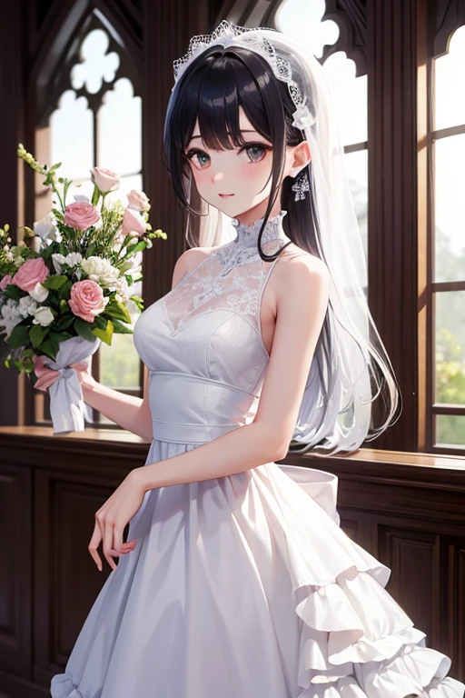 novia sexy, Llevar un vestido de novia blanco, Reina, feliz, ((frente para mostrar)), En pie, Entrar en la iglesia, cabello rosado, delicado, joven, Cara detallada, a high definition, ((cuerpo completo)), (flores a su alrededor)