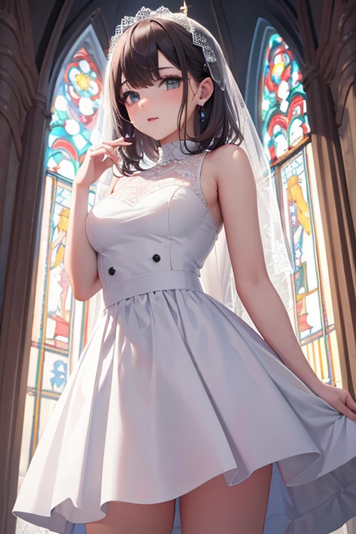 novia sexy, Llevar un vestido de novia blanco, Reina, feliz, ((frente para mostrar)), En pie, Entrar en la iglesia, cabello rosado, delicado, joven, Cara detallada, a high definition, ((cuerpo completo)), (flores a su alrededor)