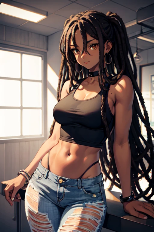 Dark skinned toned athletic girl with a tank top and ripped jeans black dreads