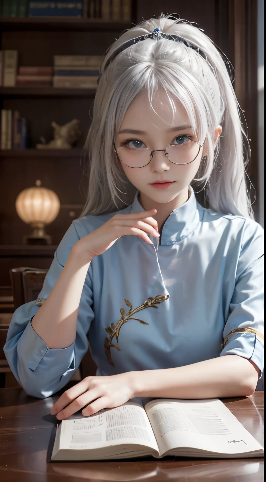 Best quality at best at best，tmasterpiece，Extremely Delicately Beautiful，The content is very detailed，CG，gatherings，8k wallpaper，An Astonishing，depth of fields，1  Chinese girl，10 yease child，Very cute lelicate skin，Flawless Face，plain face，white color hair，Long gray hair，high ponytails，There are two strands of white hair on both sides of the ears，Wear pink hair accessories，The color of the eyes is blue，Elaborate Eyes，wears glasses, sparkle in eyes，thinking face, Smiling （Wear a school uniform，white short sleeve）, sitting down, Learn，intermittently, lying on the table, get a pencil, opened book, glass of milk, table light, intermittently，nigth，In the library, Wall decoration, Mini library, glass window, wall clock, intermittently, 电影灯光, realistically, tmasterpiece, Best quality at best, Complex CG, The face is very detailed, High detail eyes