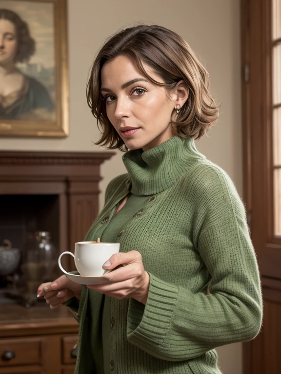 Mulher loira de olhos verdes, cabelos ondulados, roupas antigas, holding a cup of tea, arte renascentista