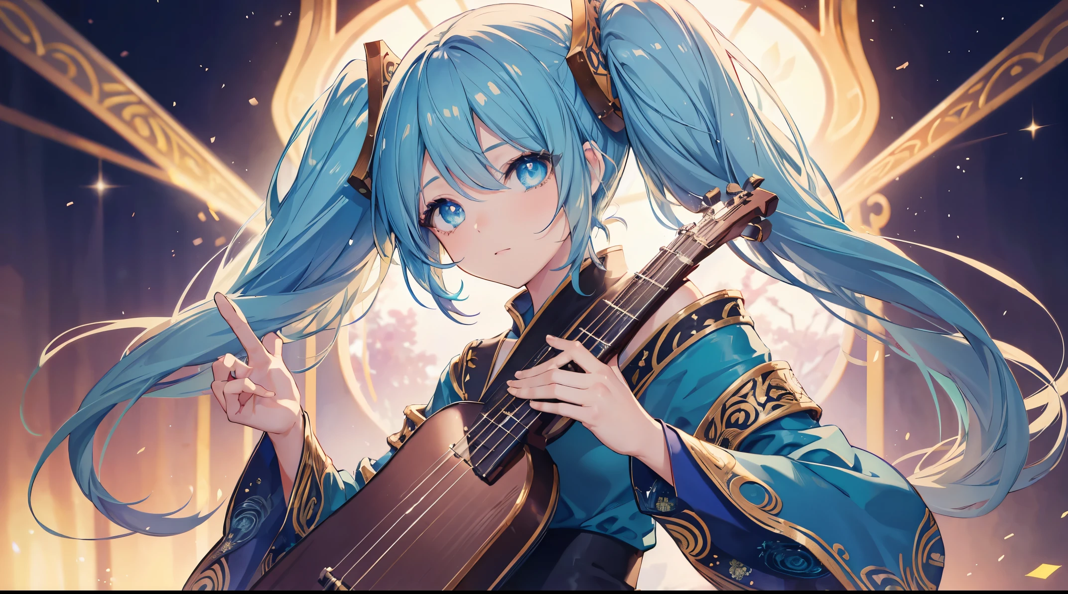 a anime girl playing her instrument on stage filled with dreamy stars and beautiful lights, ((4k, masterpiece, top-quality)),8k, best quality, high resolution, HD, unity 8k wallpaper, (illustration:0.8), (beautiful detailed eyes:1.6), extremely detailed face, perfect lighting, extremely detailed CG, (perfect hands, perfect anatomy), super complex details, intricate details, long hair, bangs, 1 girl, (((solo)))sona \(league of legends\), blue hair, blue eyes, blue dress, gradient hair, twintails, hair ornament, instrument, stage, (((pian)))