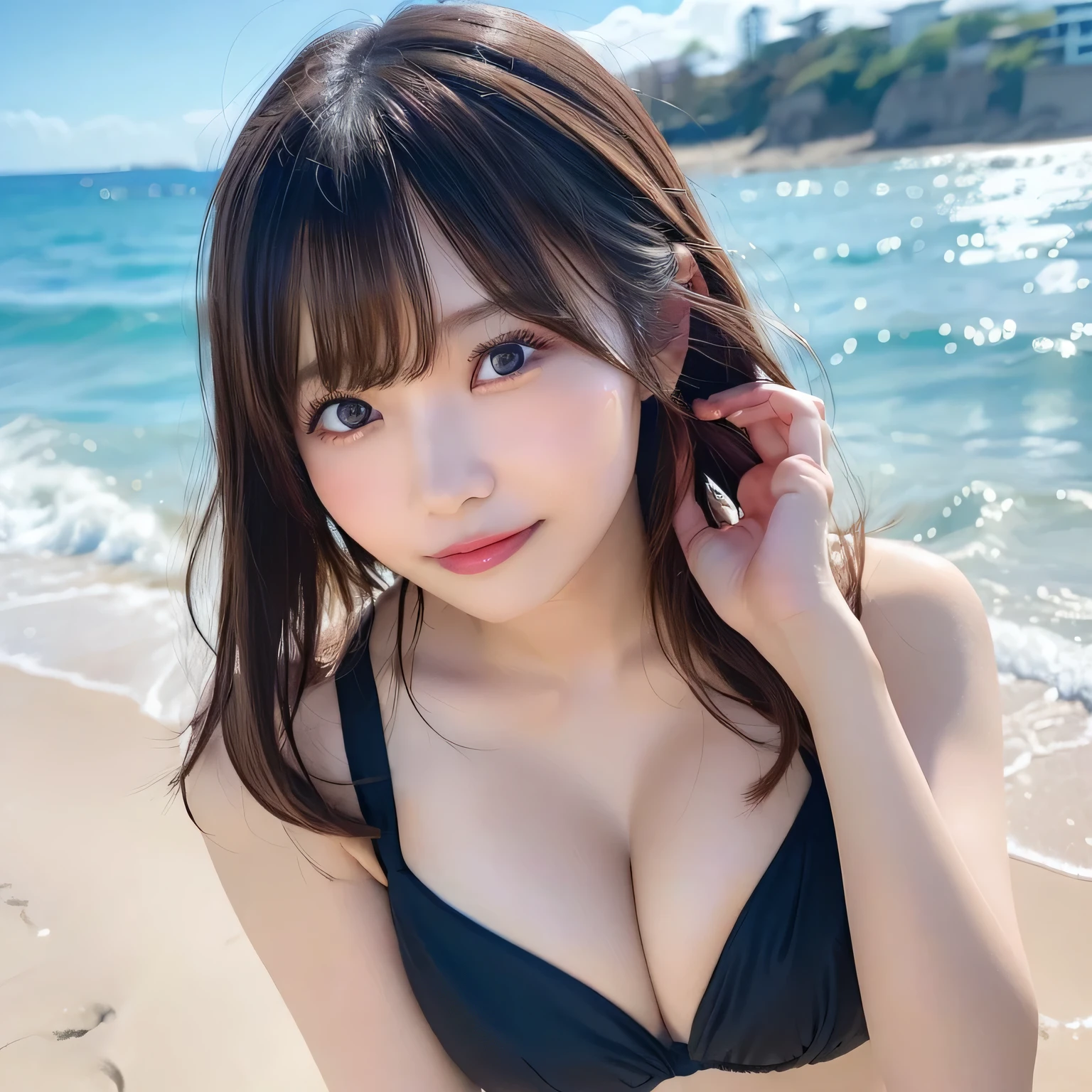 in 8K,Best Quality, 超A high resolution, (Photorealistic:1.4),masterpiece:1.3, Raw photo, sea side:1.3, sand beach:1.1, Girl in 1, Cute,natural skin textures:1.1, realistic eyes and face details:1.2, (Solo:1.6), (Shy smile), , (Brown medium hair,Bangs), (touch hair:1.4)、nogizaka、bikini of、紺色bikini of、Beautiful black eyes:1.3、Woman in bikini posing on the beach, Beautuful Women、 (the background is blurred:1.4)、ample breasts、nffsw