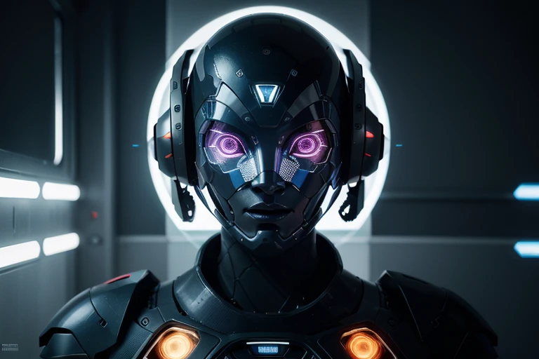 Desenvolva uma imagem digital de alta qualidade, with advanced levels of detail and a cinematic style, depicting a richly colored futuristic robot. Explore the fusion of advanced technology with aesthetic design, destacando linhas elegantes e formas inovadoras. Utilize uma paleta de cores vibrantes, combining futuristic and metallic tones, to highlight the robot's unique visual presence. Add dynamic visual elements, like holographic light effects or glowing reflections, to intensify the feeling of technological advancement. Make sure the image conveys the personality and innovation of the robot of the future, providing an immersive and inspiring visual experience.
