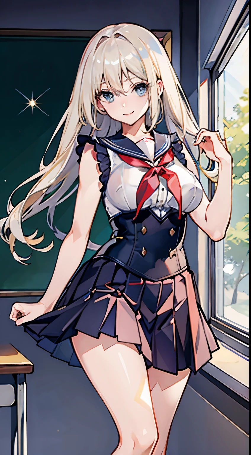 top-quality、realistic touch,high-detail、photoRealstic、thin-waist、captive beauty、big eye、solid platinum-blonde eyelashes、platinum-blonde、full body Esbian、Sparkling eyes、Submissive smile、Flushed cheeks、Kamimei、thin-waist、Voluptuous thighs、Enraptured look、In the classroom of the school、She is in estrus、a sailor suit、cocky expression、Colossal tits、Super short skirt with V-line visible、Sleeveless、corsets
