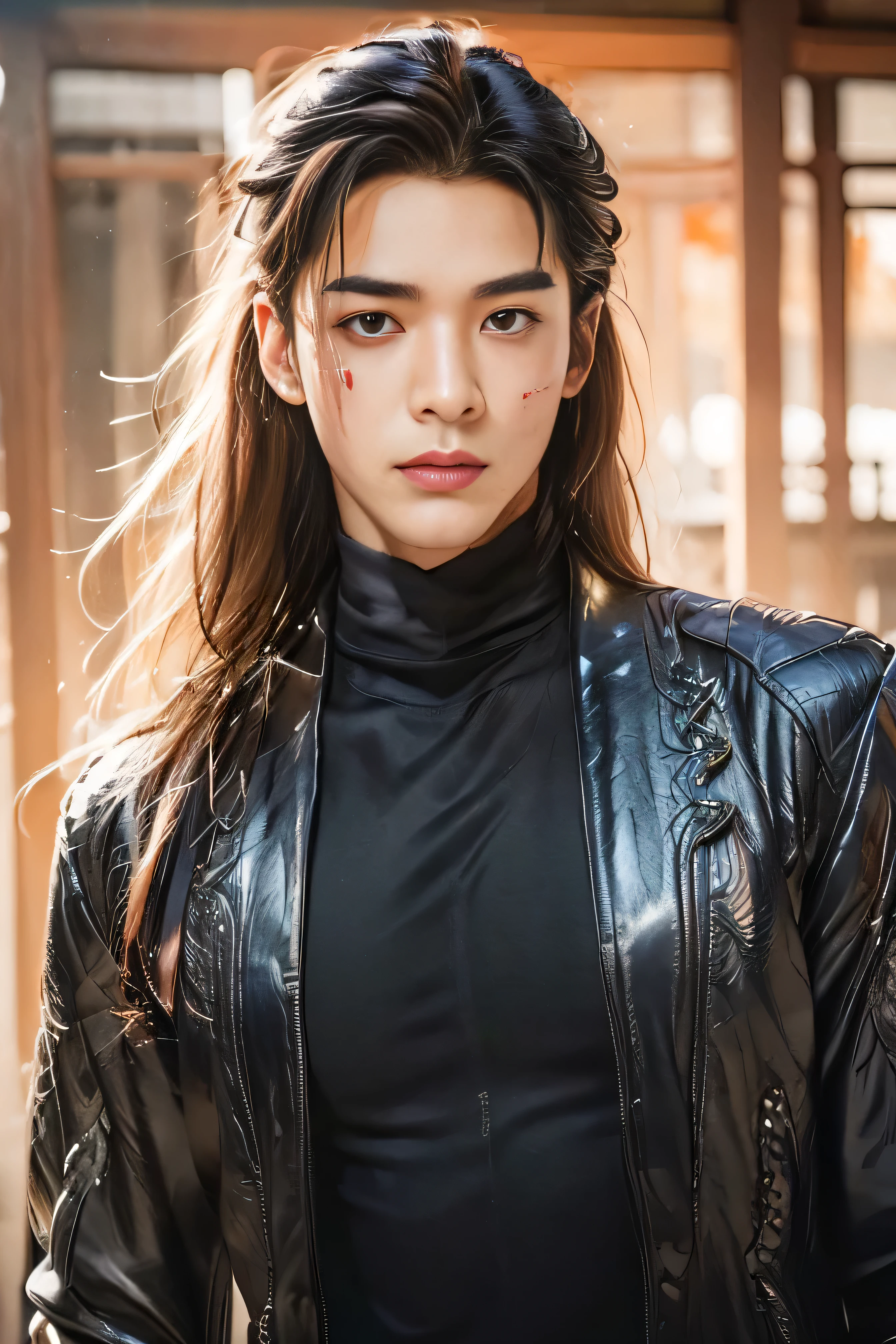 A 21-year-old Asian man，Thick eyebrows, handsome face，Men's full body ，the background is an ancient Chinese town，full moon，Pavilions and arch bridges，The limbs have pronounced muscle lines，high-definition photography，Real-world scenarios，Lots of detail, wearing black leather jacket, black jeans, black turtleneck shirt, magic, ((messy long hair)), looking at viewer, devilish gaze at viewer
