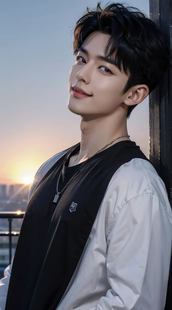 (realisticlying, tmasterpiece, 8K high-definition, Good lighting quality, sportrait, close on face, Complicated details), a handsome korean young man, young 17 years old, cute big breasts, Happy, Smile brightly, 详细的脸, 詳細な目, Look at the sky, Wear casual clothing,  Black colored eyes, brunette color hair, slick hair, Hair bangs, Outdoor activities, sunraise,  dreamworld, hyper realisitc, Ethereal
