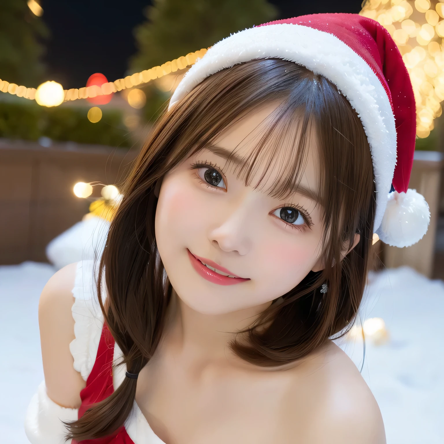 (Best Quality,4K,8K,hight resolution,masutepiece:1.2),Ultra-detailed,(Realistic,Photorealsiticです,Photorealsitic:1.37),young girl in santa claus costume,Short hair,Soft smile,Off-shoulder,Highest quality materials,Sparkling snowflakes,Delicate ornaments,Joyful expression,Beautifully wrapped gifts,magical feeling vibes,Red Santa Hat,Innocent and pure,playful and cheerful,Rooftop background,Excitement in the air,Holiday spirit,Festive decorations,Vibrant colors,peaceful and serene,Adorable and adorable,attractive and lively,Heartwarming scenes,unforgettable holiday memories、I keep my hair up and short、(Brown hair、Medium Hair, Twin tail,)、Clothes with fluffy sides and volume、snow country、Pure white snow、Emphasizes bountiful breasts