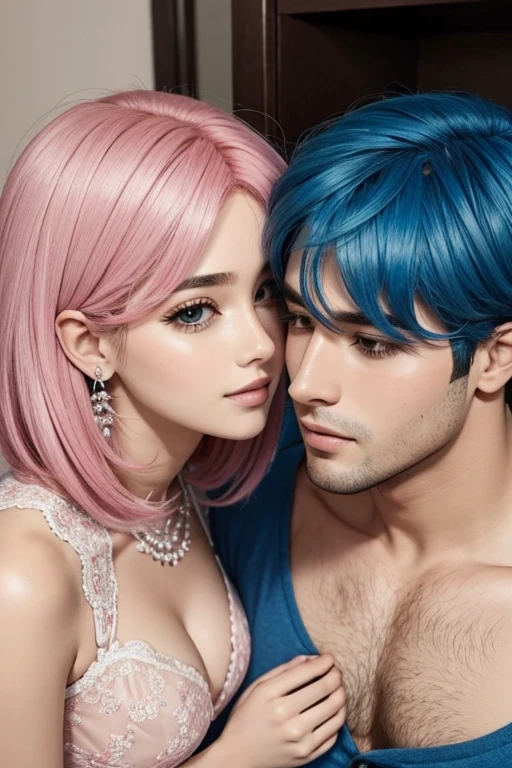 Casal homem de cabelo rosa e mulher de cabelo azul