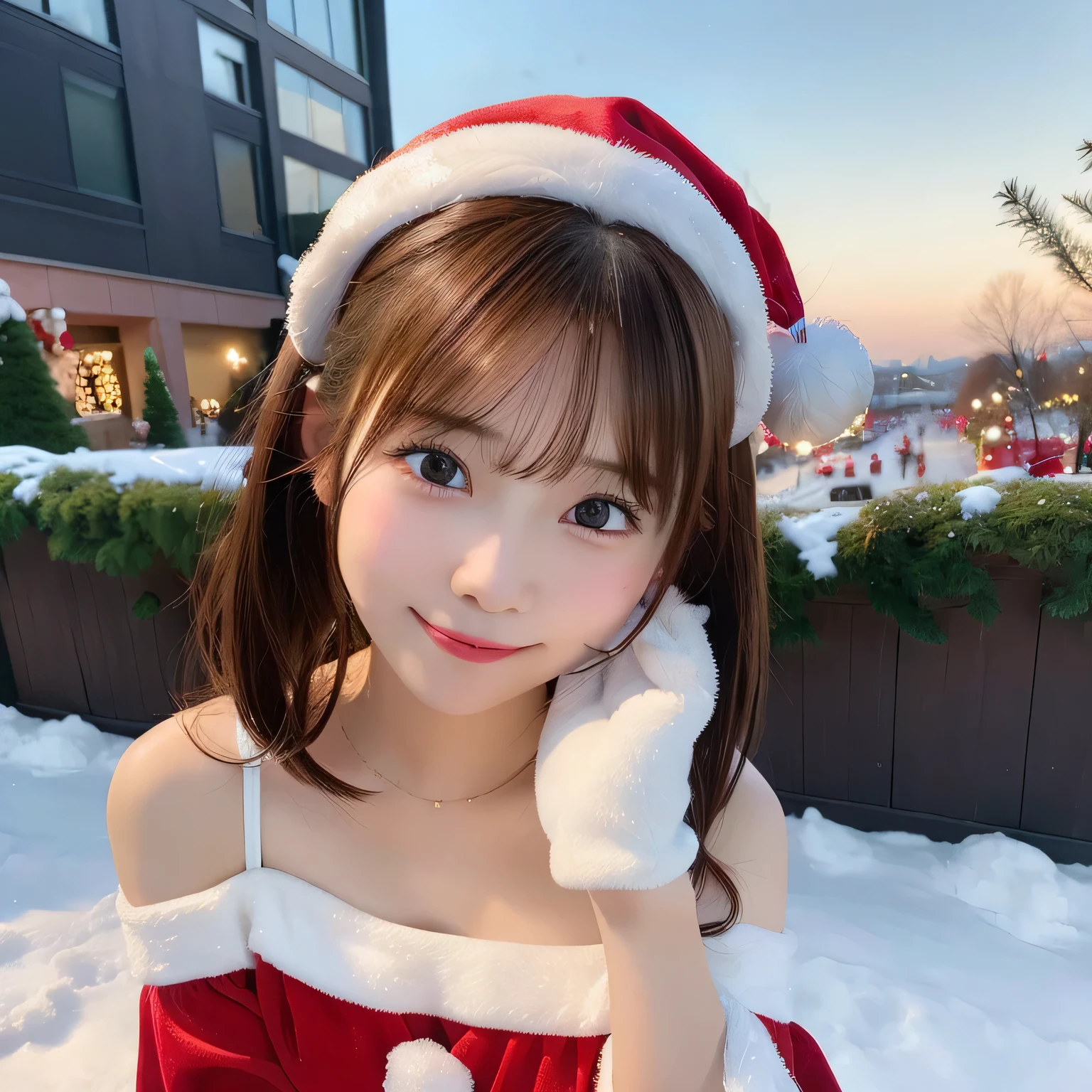 (Best Quality,4K,8K,hight resolution,masutepiece:1.2),Ultra-detailed,(Realistic,Photorealsiticです,Photorealsitic:1.37),young girl in santa claus costume,Short hair,Soft smile,Off-shoulder,Highest quality materials,Sparkling snowflakes,Delicate ornaments,Joyful expression,Beautifully wrapped gifts,magical feeling vibes,Red Santa Hat,Innocent and pure,playful and cheerful,Rooftop background,Excitement in the air,Holiday spirit,Festive decorations,Vibrant colors,peaceful and serene,Adorable and adorable,attractive and lively,Heartwarming scenes,unforgettable holiday memories、I keep my hair up and short、(Brown hair、Medium Hair, Twin tail,)、Clothes with fluffy sides and volume、snow country、Pure white snow、Emphasizes bountiful breasts