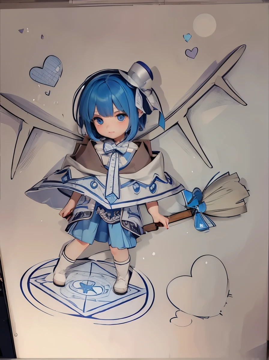 A girl with blue hair, standing on a shining magic circle, a broom with a large ribbon, blue eyes, a magical world, brown boots, a tie, a shining heart, a shining magic circle,big red heart