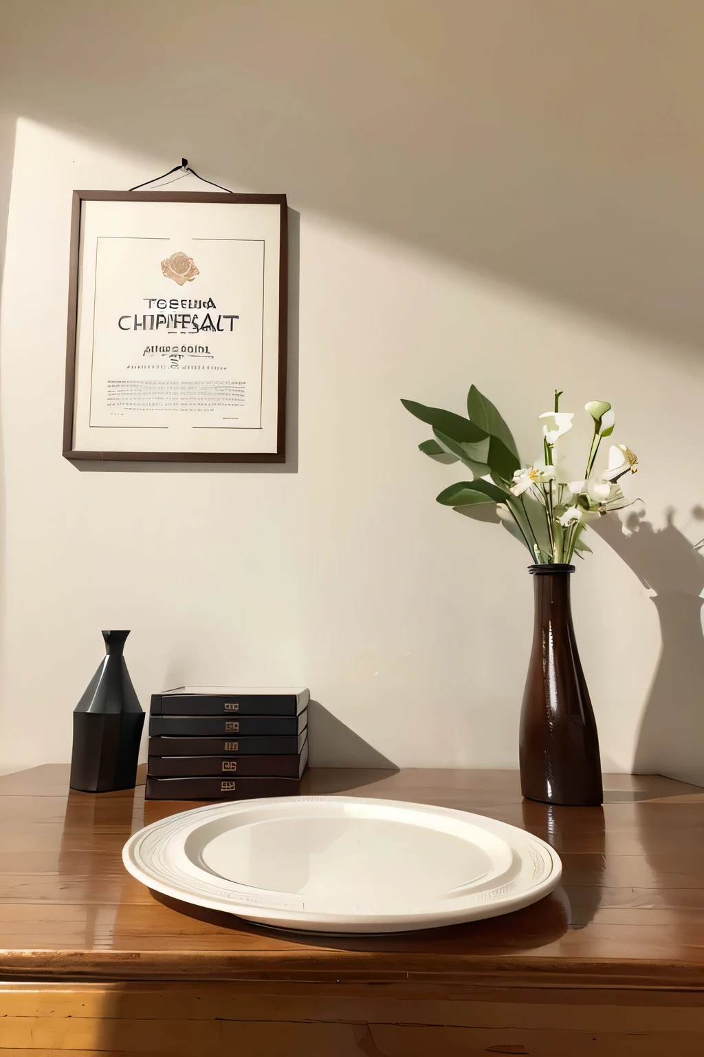 In the dessert shop,porcelain plate on wooden table,There is a piece of cream cake on the porcelain plate,There is a flower next to it,and glass cup of americano coffee,The best composition,There is warm light,Triangular composition advertising e-commerce diagram,There are text ads,Cream cake e-commerce advertising pictures,E-commerce diagram,an advertising poster,Zoom in to see details,Realistic light and shadow,8K HD images,Poster effect with text,