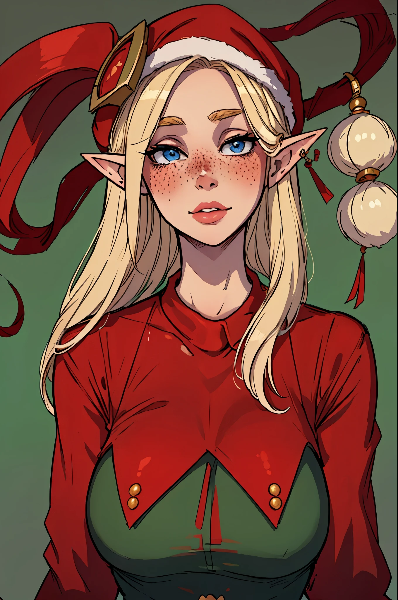 Masterpiece, best quality, portrait, (masterpiece, best quality)1.5, 1girl, solo, red Christmas outfit female elf, cute, Santa hat, blue eyes, blush, jingle bells, freckles, not hot