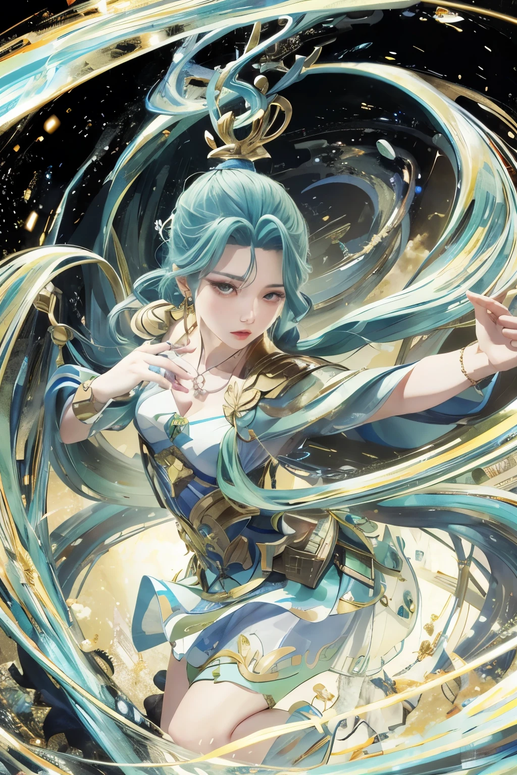 Glory to Kings，New hero skin，Sable cicada，heroines，Athena pictures，dynamic，Correct light and dark lighting，设计一款Glory to KingsSable cicada绝世的新皮肤 tmasterpiece, Best quality, Long flowing rainbow hair, blue, and green, tmasterpiece, Best quality at best, Lighting, saxophone blue, Platinum Earrings, Platinum Necklace, White dress,(动态照明:1.2), 电影灯光, exquisite facial features, 詳細な目, Sharp pupils,