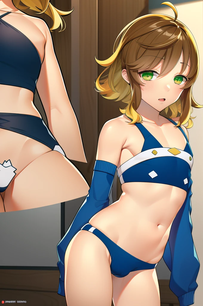 amicia michella - nijisanji, anime style, 1girl, brown short hair, yellow inner hair, wavy hair, green eyes, detailed eyes, crop top, midriff, girly face, blushed, seductive, wide hips, thick thighs, huge round ass, flat chested, (((full flat chest))), (((bulge))), full body, dynamic pose, office, absurdres, high res, ultrasharp, 8K, masterpiece, looking at viewer, CuteTraps