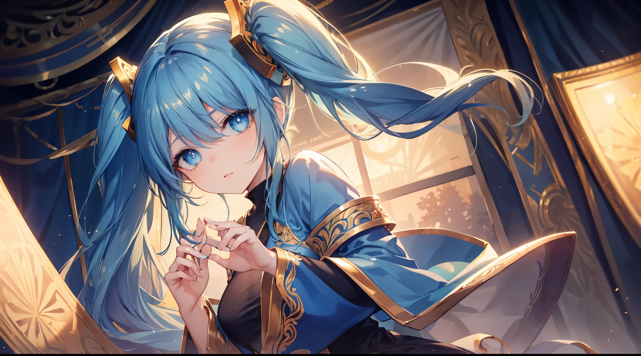 ((4k, masterpiece, top-quality)),8k, best quality, high resolution, HD, unity 8k wallpaper, (illustration:0.8), (beautiful detailed eyes:1.6), extremely detailed face, perfect lighting, extremely detailed CG, (perfect hands, perfect anatomy), super complex details, intricate details, long hair, bangs, 1 girl, (((solo)))sona \(league of legends\), blue hair, blue eyes, blue dress, gradient hair, twintails, hair ornament, stage, (((pian)))