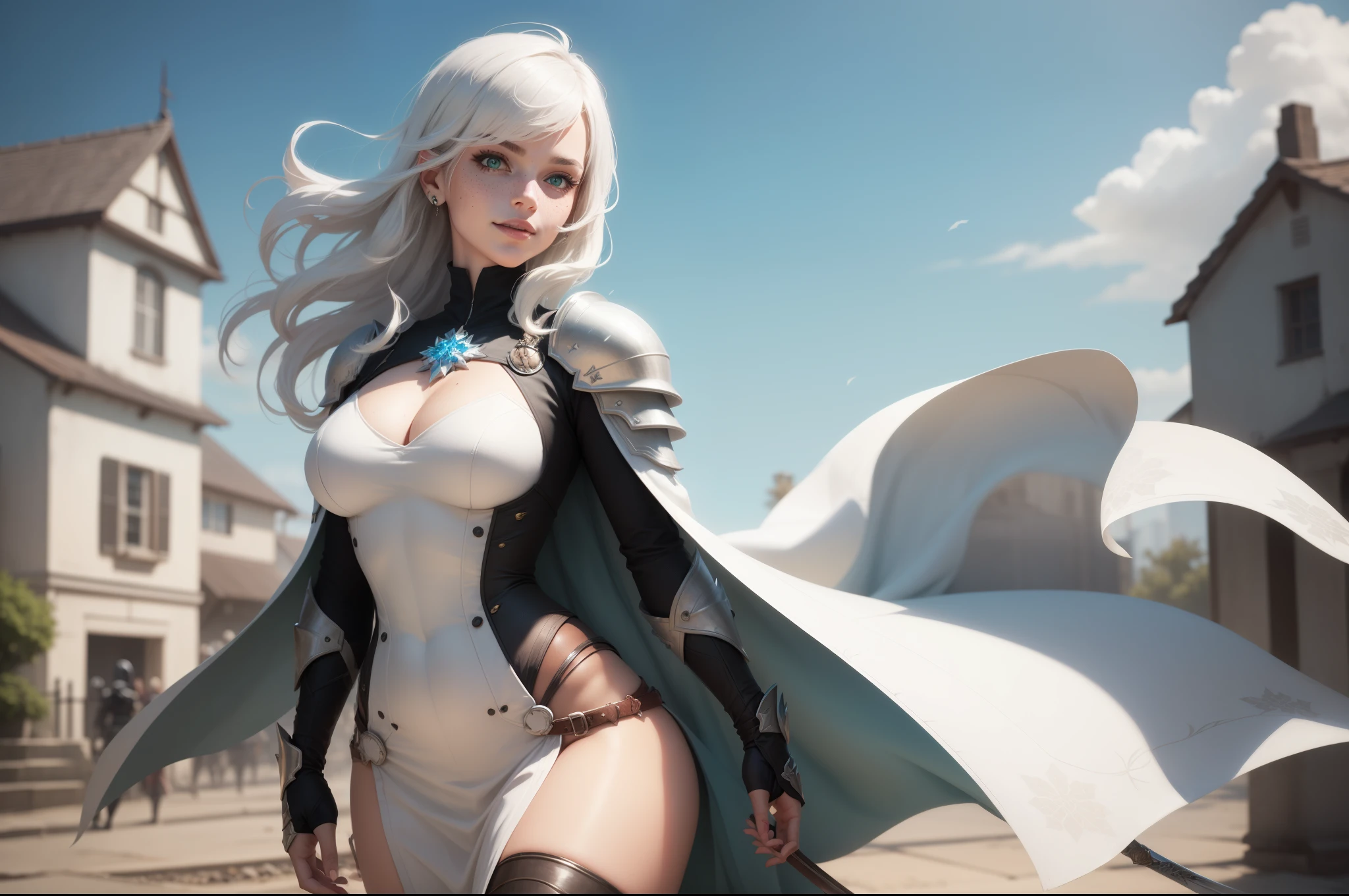 gwen tennyson,yorha 2b,tracer,y'shtola rhul,1girl,overwatch,atelier ryza,close up, battlefield view,tattoos,royal gray and white plugsuit,white short sleeve knight tunic,short sleeve knight full plate armor,long knight skirt,white knight corset,long hair,princess makeup,green eyes,multicolored silver hair,long dress train,shy smile,freckles,beautiful girl, knight thigh high boots,large breasts,8k,ultra detailed,realistic,fantasy art,steel knight uniform,queen gown dress,hair pin,ear piercings,snowflake hand and neck jewelry,(weather:windy),long gray knight cape,holding a sword on each hand,(pose:ready to attack),solo girl,