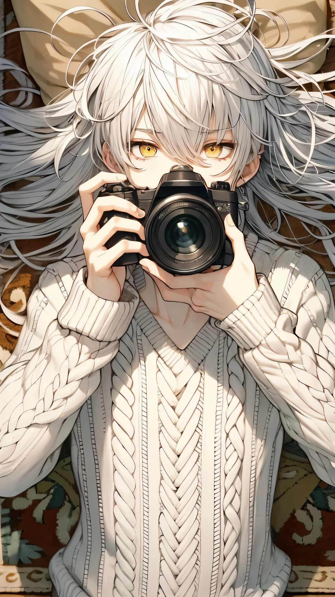 long eyes, Young men, Long white hair with bangs that cover the forehead, Yellow eyes, A sharp gaze looking straight into the camera, holding a camera in one hand, pose with a camera, wearing a white cable knit sweater, lying on a decorative patterned carpet, Shot from above, Calm and relaxed look, Natural light fills the room, Soft atmosphere. High quality, amount of drawing, pixiv illustration