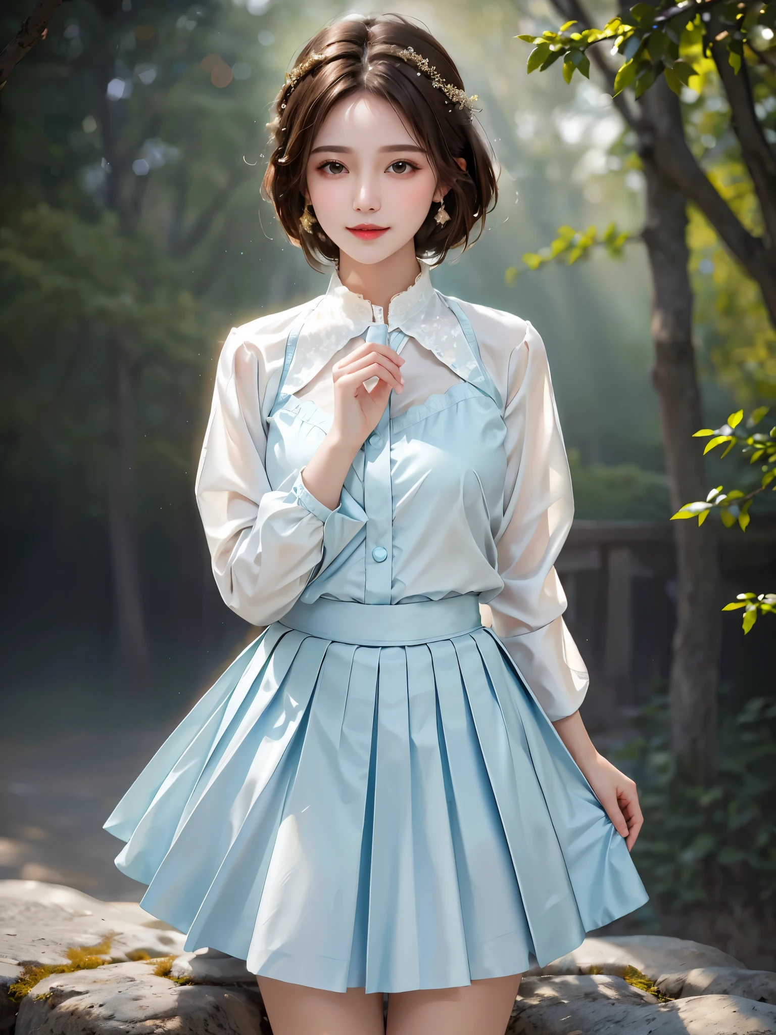 (8k, highest quality, masterpiece: 1.2), ultra detail, highest quality, ultra high resolution, professional lighting, photon mapping, radiosity, physically based rendering, cinematic lighting, depth of field, focusing, sun rays, good composition, (bokeh: 1.2), 1 girl, (full body), smile, beautiful eyes, pose, constriction, brown hair, short hair, prairie blouse light blue, skirt,park,hand {fingers} Kawaii {finger} hand,