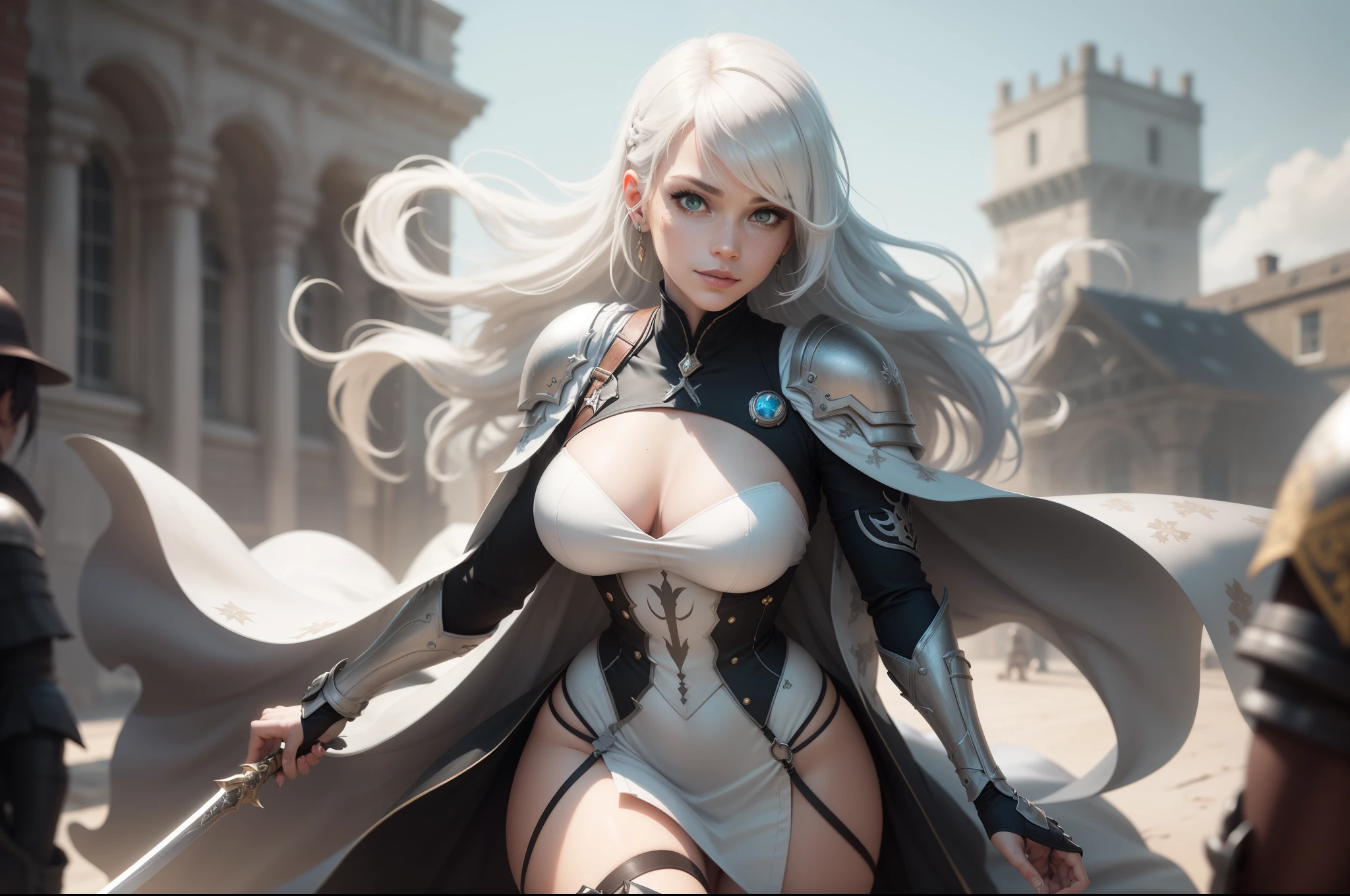 gwen tennyson,yorha 2b,tracer,y'shtola rhul,1girl,overwatch,atelier ryza,close up, battlefield view,tattoos,royal gray and white plugsuit,white short sleeve knight tunic,short sleeve knight full plate armor,long knight skirt,white knight corset,long hair,princess makeup,green eyes,multicolored silver hair,long dress train,shy smile,freckles,beautiful girl, knight thigh high boots,large breasts,8k,ultra detailed,realistic,fantasy art,steel knight uniform,queen gown dress,hair pin,ear piercings,snowflake hand and neck jewelry,(weather:windy),long gray knight cape,holding a sword on each hand,(pose:ready to attack),solo girl,