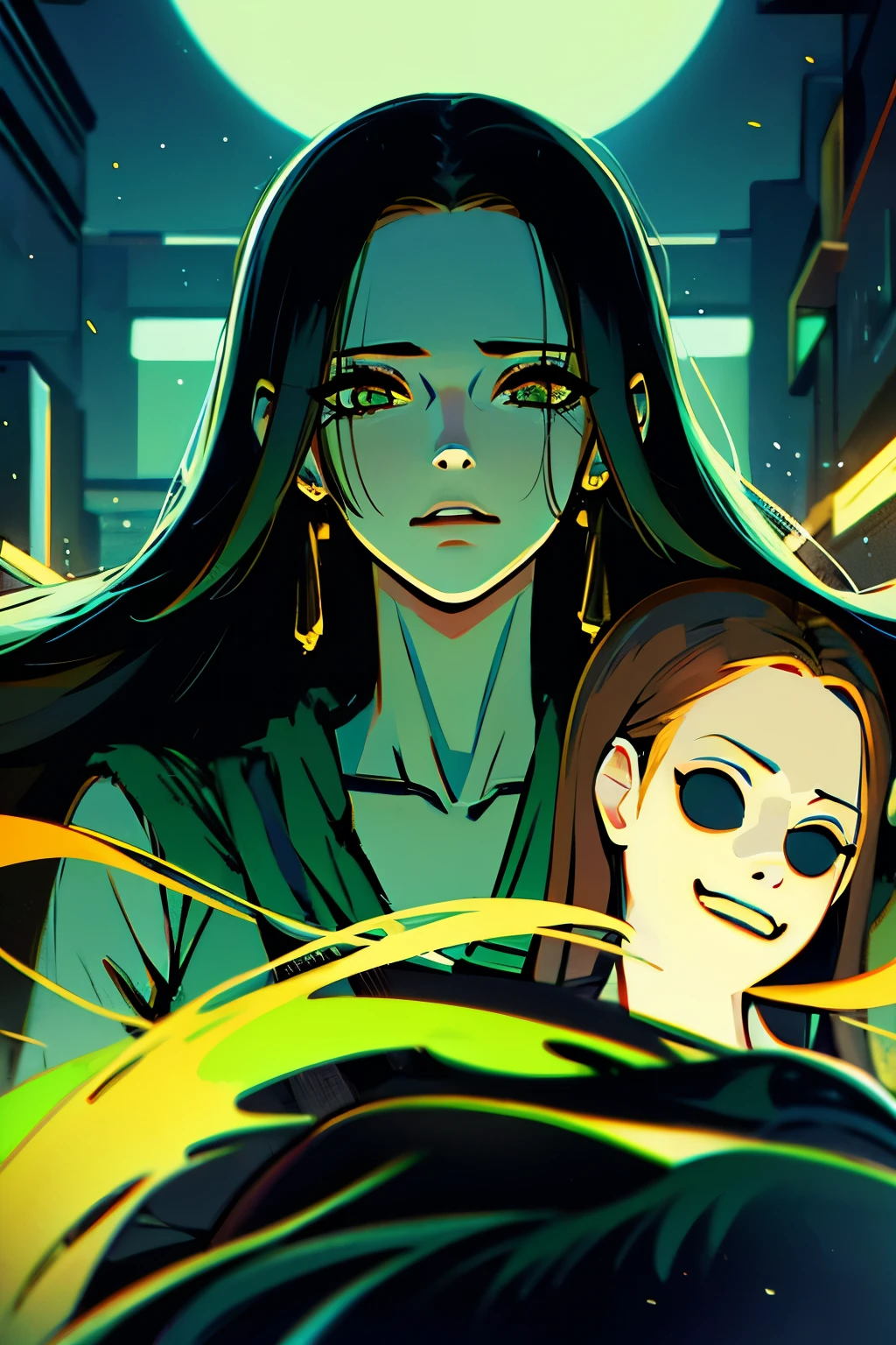 Garota cyberpunk de cabelo curto branco, mask falling off the face, vestindo roupa preta e verde, em cima de um carro abandonado. Raios luminosos verdes emanam de suas botas. Olhando para o por do sol distante, acompanhada de uma nuvem flutuante com um rostinho feliz.