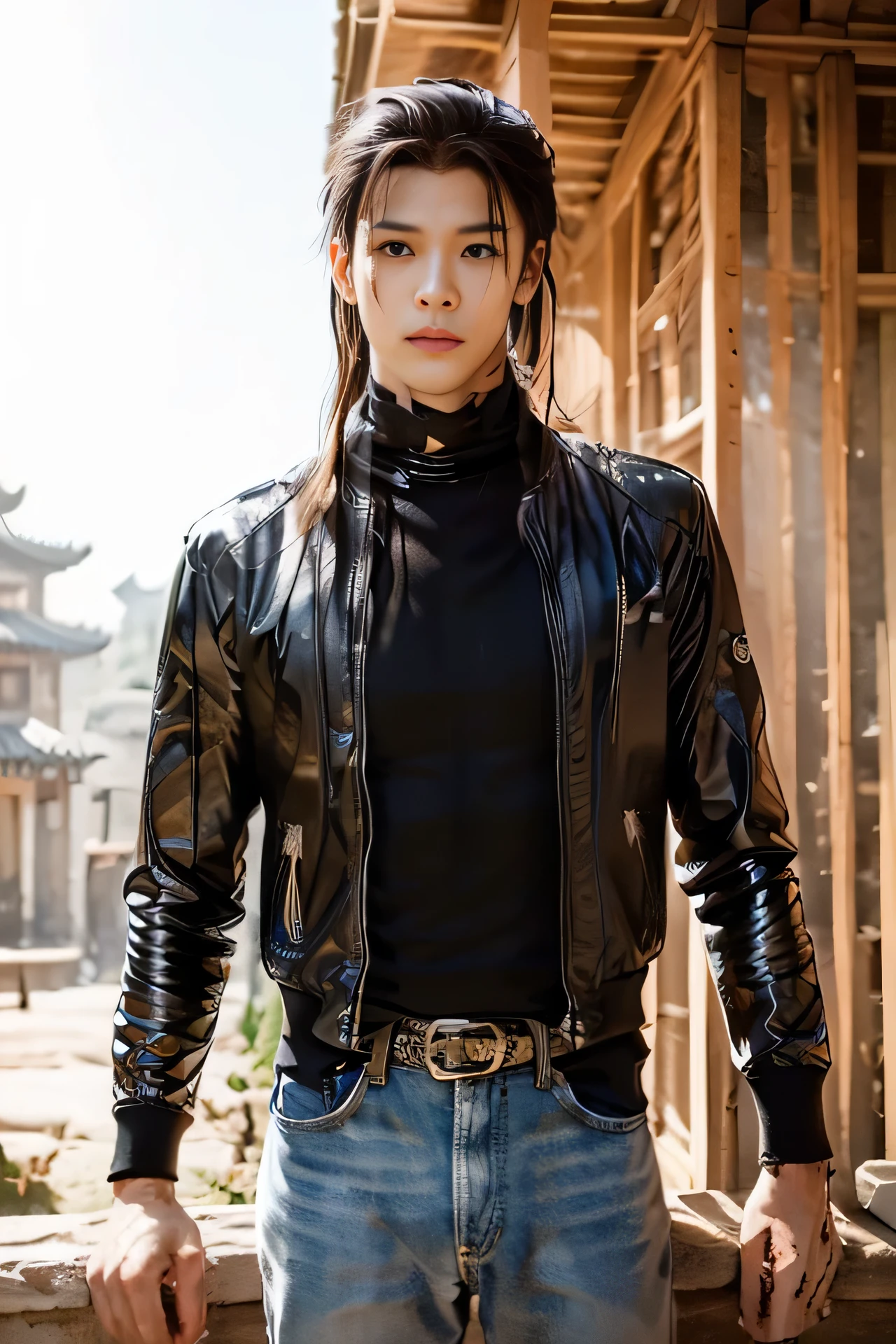 A 21-year-old Asian man,Thick eyebrows, handsome face,Men's full body ,the background is an ancient Chinese town,full moon,Pavilions and arch bridges,The limbs have pronounced muscle lines,high-definition photography,Real-world scenarios,Lots of detail, wearing black leather jacket, black jeans, black turtleneck shirt, magic, ((messy long hair)), looking into the distance, devilish gaze