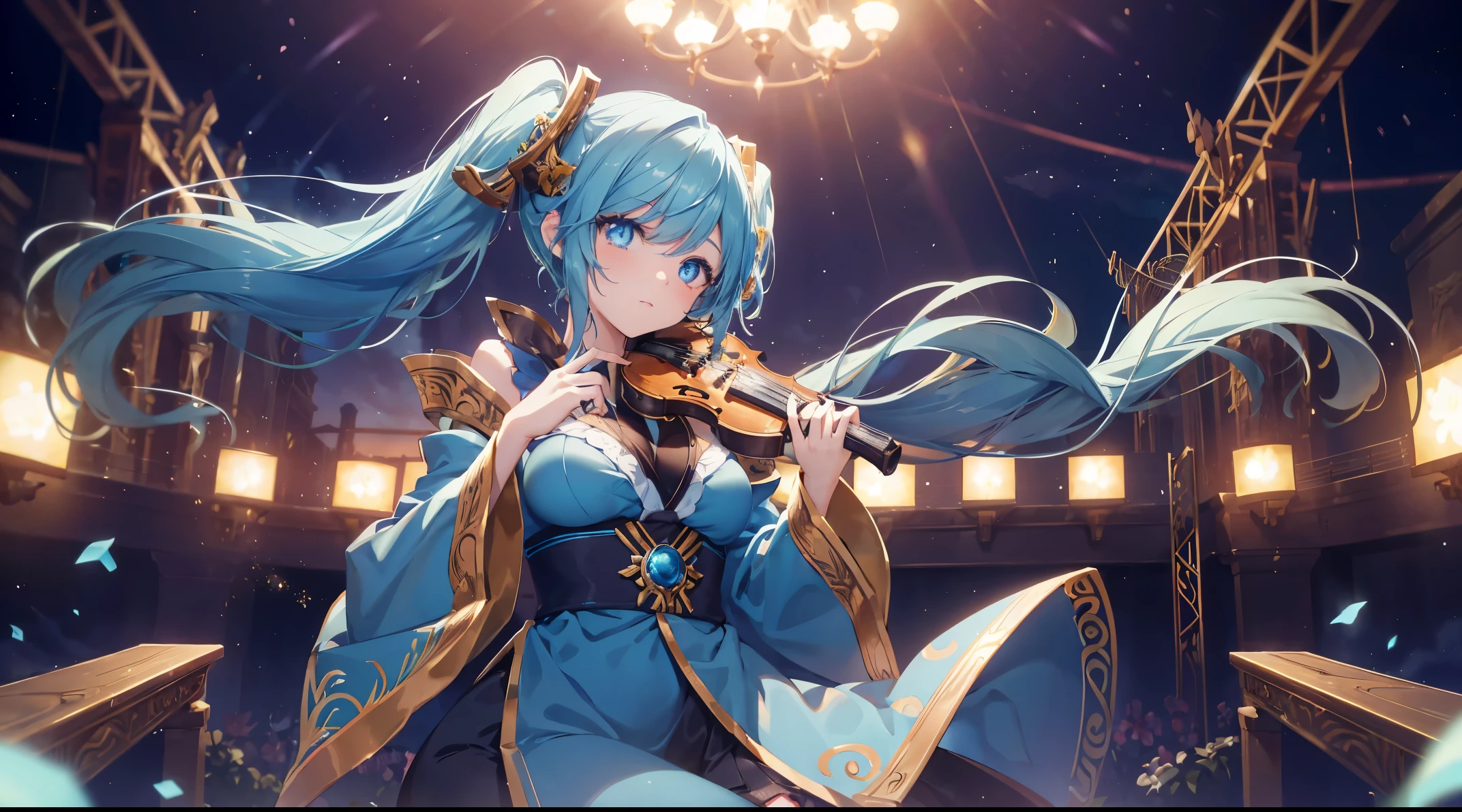 a anime girl playing her instrument on stage filled with dreamy stars and beautiful lights, ((4k, masterpiece, top-quality)),8k, best quality, high resolution, HD, unity 8k wallpaper, (illustration:0.8), (beautiful detailed eyes:1.6), extremely detailed face, perfect lighting, extremely detailed CG, (perfect hands, perfect anatomy), super complex details, intricate details, long hair, bangs, 1 girl, (((solo)))sona \(league of legends\), blue hair, blue eyes, blue dress, gradient hair, twintails, hair ornament, stage, (((pian)))