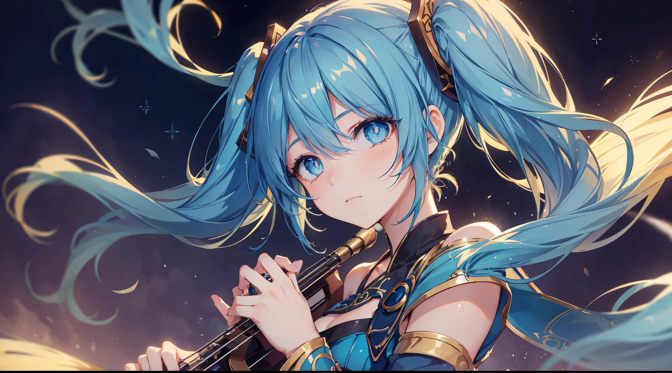 a anime girl playing her instrument on stage filled with dreamy stars and beautiful lights, ((4k, masterpiece, top-quality)),8k, best quality, high resolution, HD, unity 8k wallpaper, (illustration:0.8), (beautiful detailed eyes:1.6), extremely detailed face, perfect lighting, extremely detailed CG, (perfect hands, perfect anatomy), super complex details, intricate details, long hair, bangs, 1 girl, (((solo)))sona \(league of legends\), blue hair, blue eyes, blue dress, gradient hair, twintails, hair ornament, stage, (((pian)))