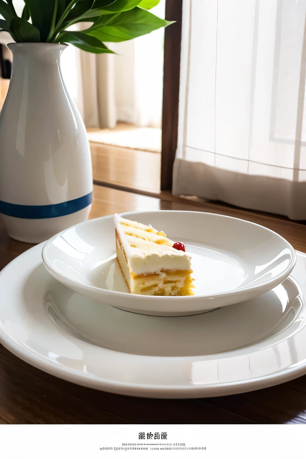 在Dessert shop里,porcelain plate on wooden table,There is a piece of cream cake on the porcelain plate,There are flowers next to it,Cake fruit cream layer cake,Comes with fruits and fillings,Dessert shop,Bread and desserts on the side,The best composition,There is warm light,Triangular composition advertising e-commerce diagram,There are text ads,Cream cake e-commerce advertising pictures,E-commerce diagram,an advertising poster,Zoom in to see details,Realistic light and shadow,8K HD images,Poster effect with text