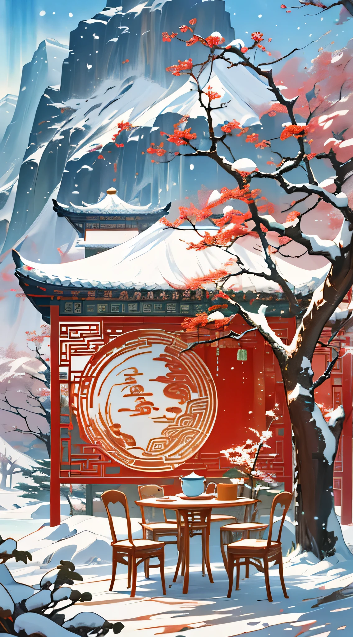 There is a plum tree in front,There is a stone table under the tree. On the table there is a picture of a teapot and a teapot., low-rise buildings in china,Snow-capped mountains in the background,Inspired by Ma Yuanyu, A beautiful artistic illustration, Central Plains Universe, Inspired by Xiao Yuncong, Artistic cover, chinese painting style, inspired by Huang Gongwang, chinese watercolor style, Poster illustration, inspired by Zhang Zongcang