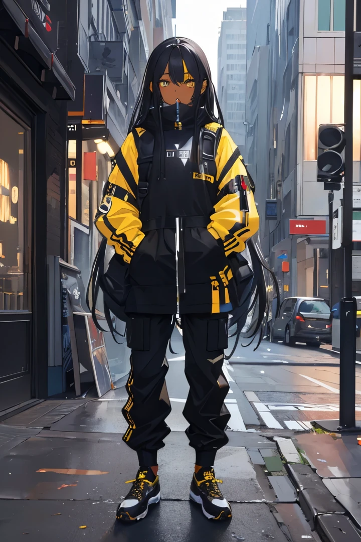 (masterpiece:1.4), 1girl, Streetwear,cargo pants, street, (masterpiece, best quality, highres, ultra detailed ), night, depth of field, absurdreasterpiece:1.4), ultra-detailed, 1girl, dark-skinned, stand up, black and yellow, long black wildly hair with white streaks