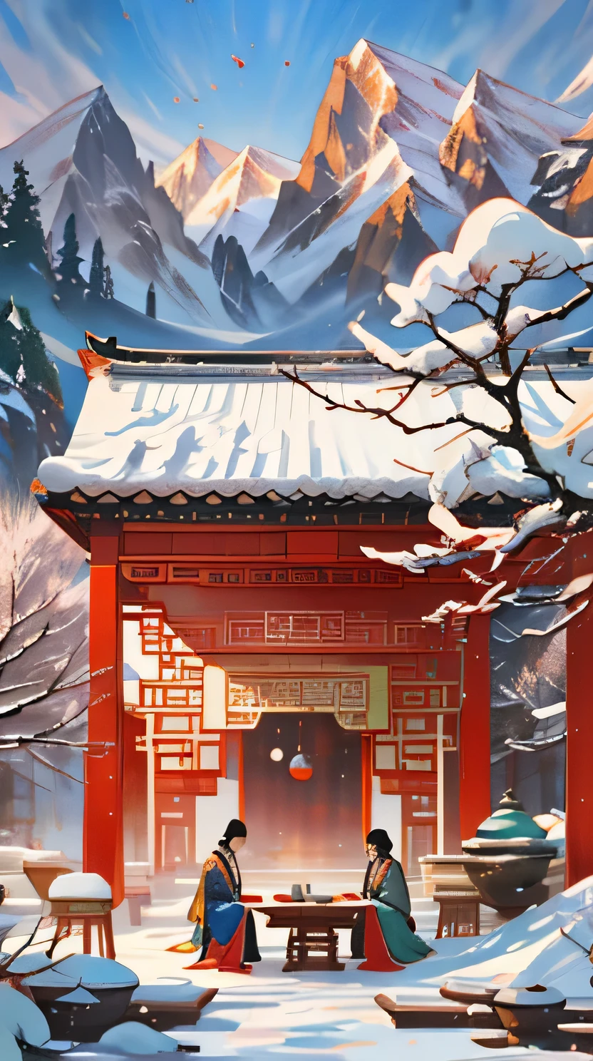 There is a plum tree in front，There is a stone table under the tree. There is a stove for  tea and a small teapot on the table，., low-rise buildings in china，Snow-capped mountains in the background，Inspired by Ma Yuanyu, A beautiful artistic illustration, Central Plains Universe, Inspired by Xiao Yuncong, Artistic cover, chinese painting style, inspired by Huang Gongwang, chinese watercolor style, Poster illustration, inspired by Zhang Zongcang