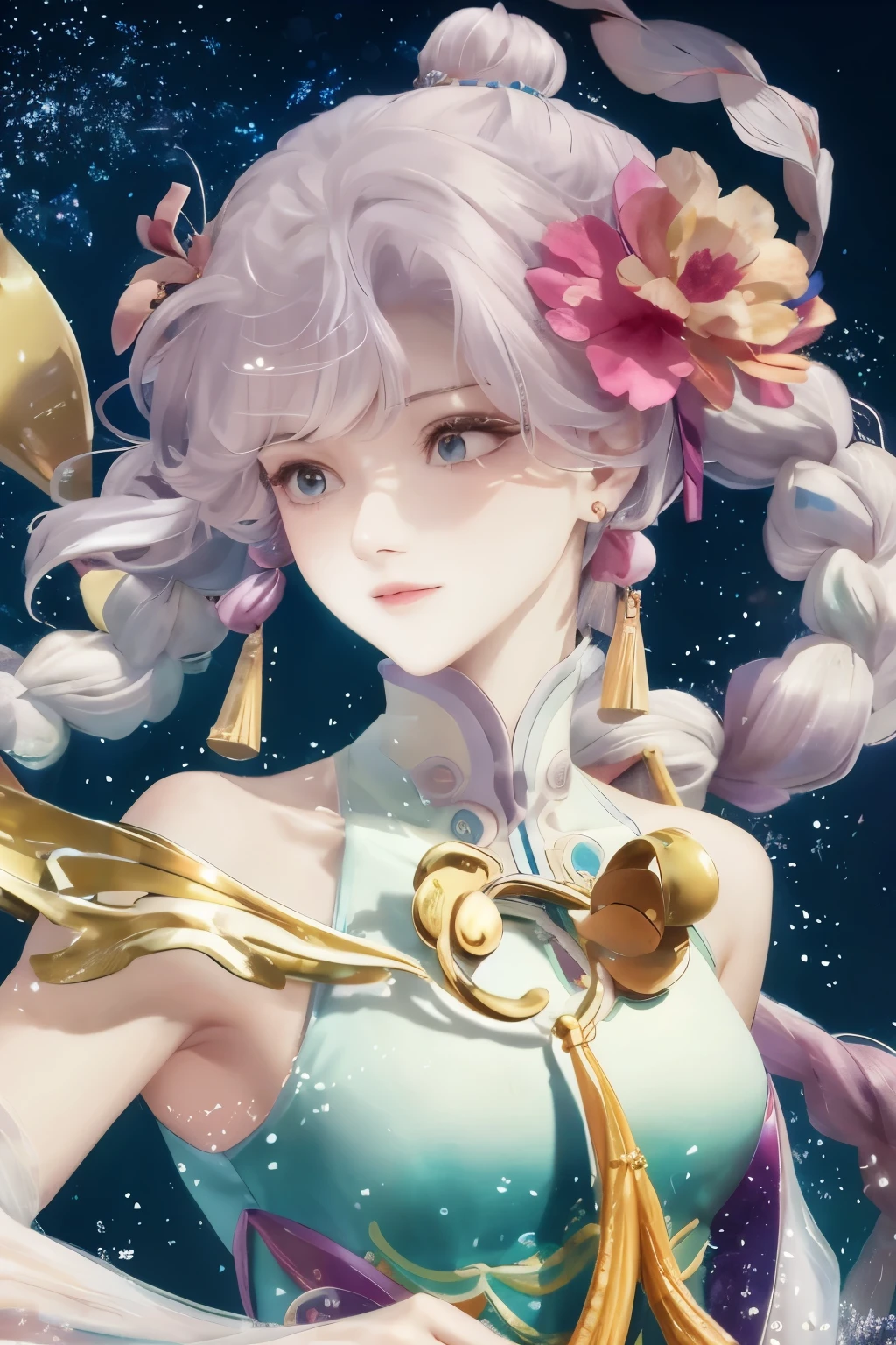 3d,Glory to Kings,New hero skin,change,heroines,Athena pictures,dynamic,Correct light and dark lighting,设计一款Glory to Kings貂蝉绝世的新皮肤 tmasterpiece, Best quality at best, Long flowing rainbow hair, blue, and green, tmasterpiece, Best quality at best at best, lamplight, saxophone blue, Platinum Earrings, Platinum Necklace, White dress,(动态照明:1.2), 电影lamplight, exquisite facial features, 詳細な目, Sharp pupils,
