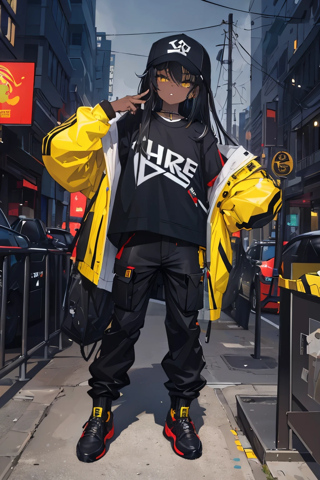 (masterpiece:1.4), 1girl, Streetwear,cargo pants, street, (masterpiece, best quality, highres, ultra detailed ), night, depth of field, absurdreasterpiece:1.4), ultra-detailed, 1girl, dark-skinned, stand up, black and yellow, long black wildly hair with white streaks