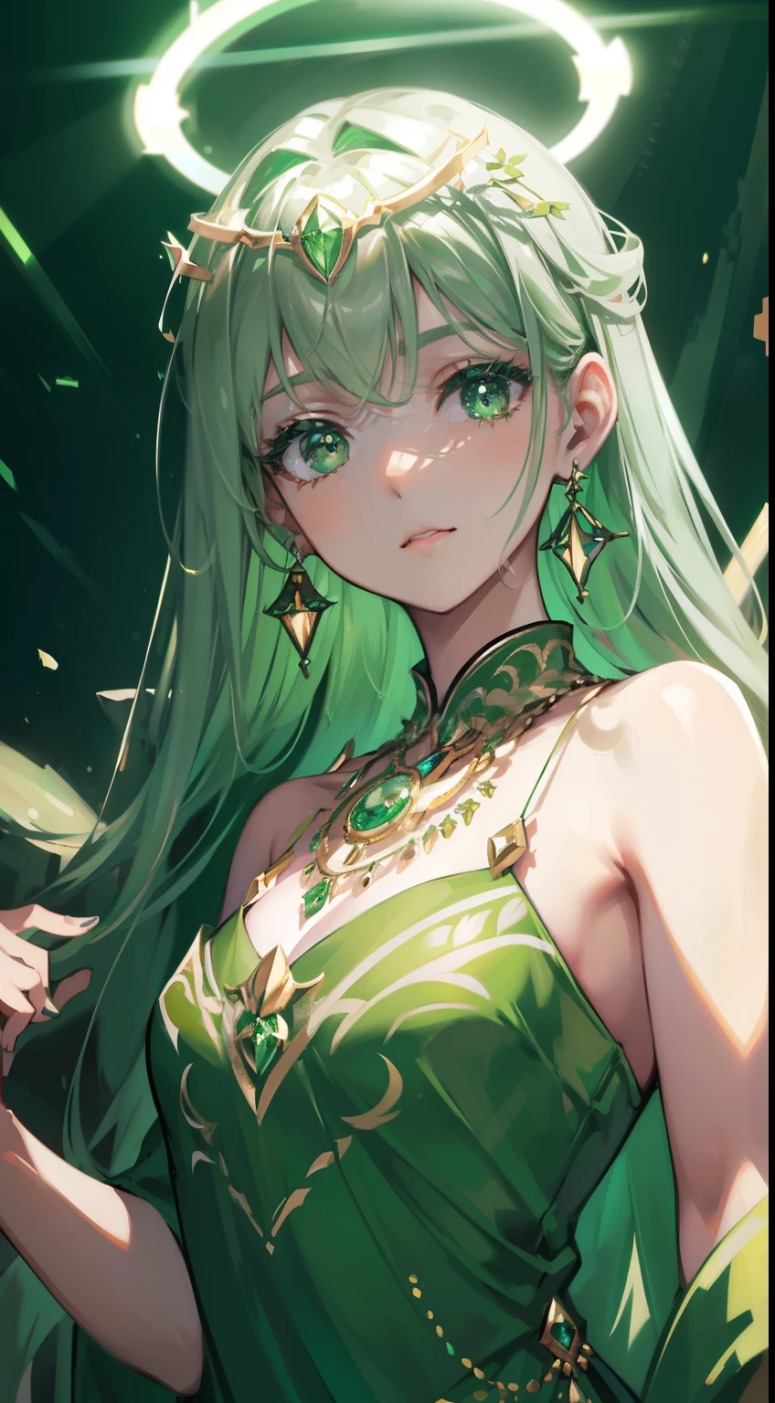 Masterpiece, Superb Painting, Cangling Green, Platinum Earrings, Platinum Necklace, Green Dress, 1girl, Cute, (Dynamic Light: 1.2), Cinematic Light, Delicate Facial Features, Detailed Eyes, Sharp Pupils, Realistic Pupils, Depth of Field, Background Bokeh, Clear Focus, (Ultra Detail, Halo, Glow: 1.4), Many Small Gemstones with Many