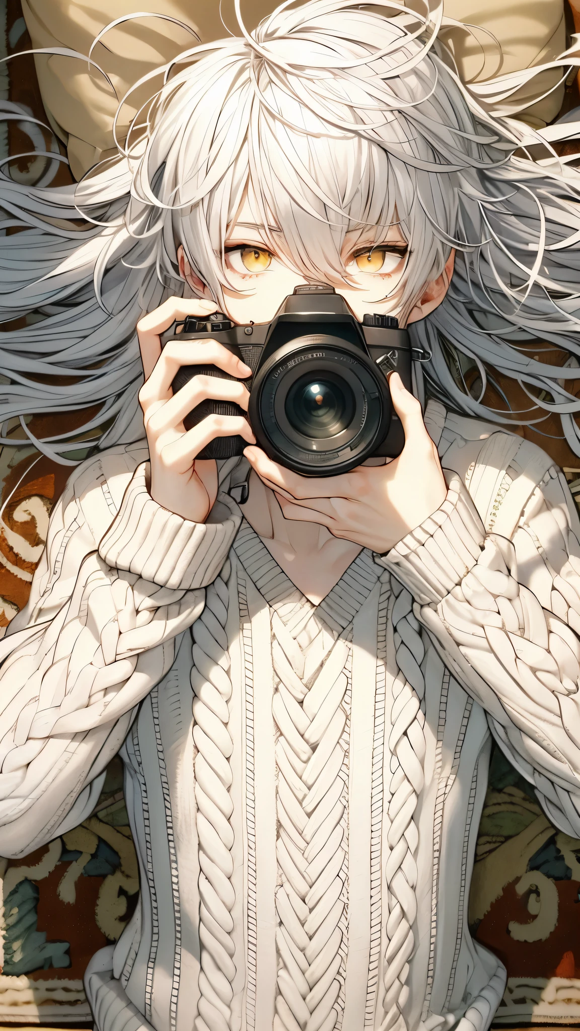 long eyes, Young men, Long white hair with bangs that cover the forehead, Yellow eyes, A sharp gaze looking straight into the camera, holding a camera in one hand, pose with a camera, wearing a white cable knit sweater, lying on a decorative patterned carpet, Shot from above, Calm and relaxed look, Natural light fills the room, Soft atmosphere. High quality, amount of drawing, pixiv illustration