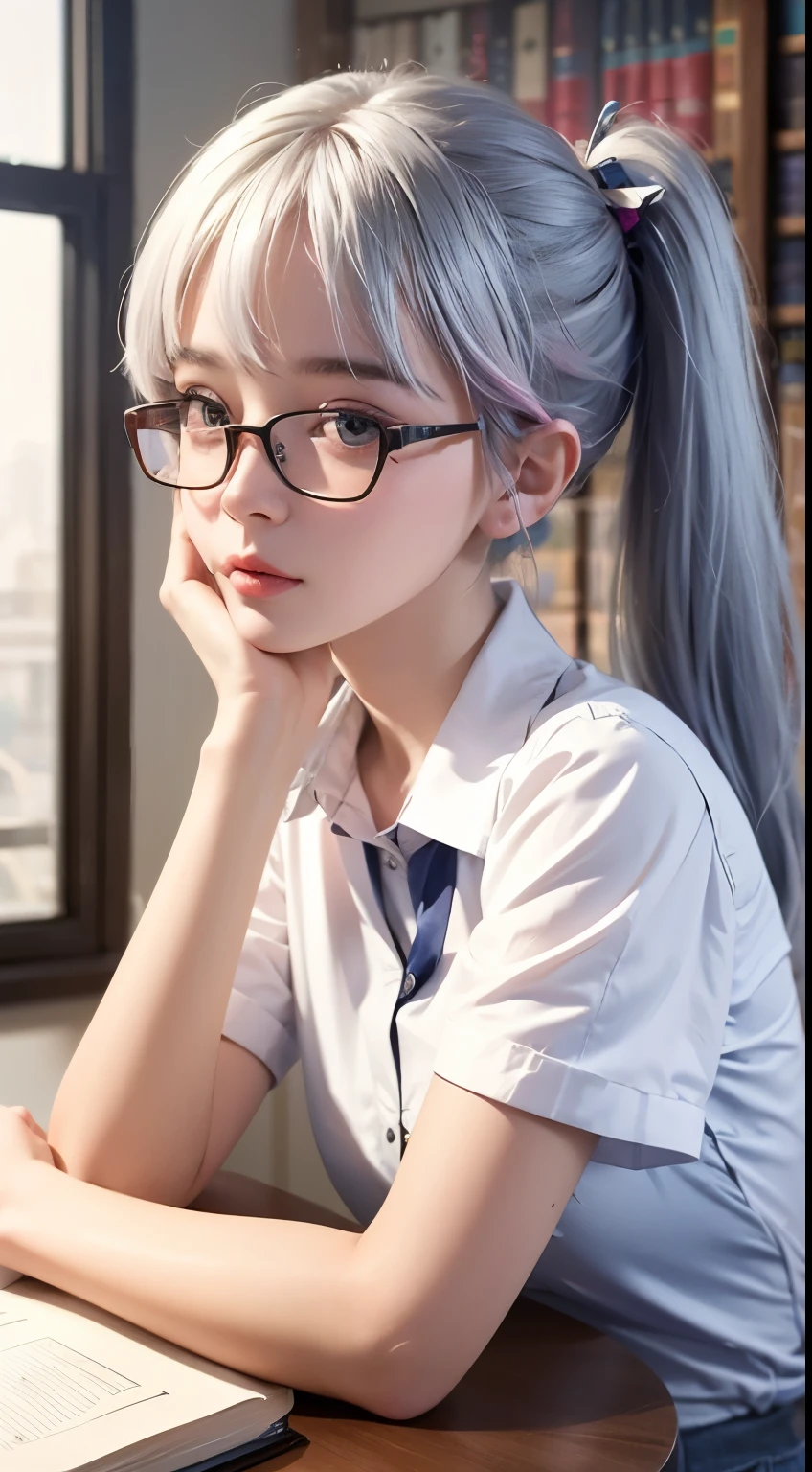 Best quality at best at best，tmasterpiece，Extremely Delicately Beautiful，The content is very detailed，CG，gatherings，8k wallpaper，An Astonishing，depth of fields，1 little Chinese girl，10 year old Chinese child，Very cute look，delicate skin，Flawless Face，plain face，white color hair，Long gray hair，high ponytails，There are two strands of white hair on both sides of the ears，Wear pink hair accessories，Eye color is sky blue，Elaborate Eyes，wears glasses, sparkle in eyes，confusion face,  （Wear a school uniform，white short sleeve）, sitting down, Learn，intermittently, lying on the table, get a pencil, opened book, glass of milk, table light, intermittently, natta，In the library, Wall decoration, Mini library, glass window, wall clock, intermittently, 电影灯光, realistically, tmasterpiece, Best quality at best, Complex CG, The face is very detailed, High detail eyes