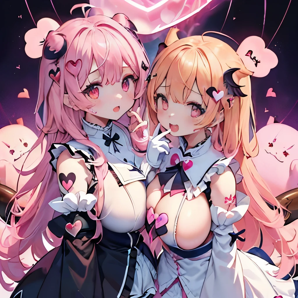 Details、ultra-detailliert、masterpiece、top-quality、Beautiful fece、A detailed eye、 (Two girls:1.4)、Two succubi、(twinsies:1.2)、(natta:1.2)、、耳环、(student clothes.1.1)、Shady face、、(Pink Room)、malicious smile、Bruises and ugly facial features、Young features、(Lori:1.2)、long-sleeve、(fluffy sleeves fluffy hair、(Open your mouth and laugh)、、Short stature、Chiquita、Colossal tits、 big boobs、(Put your hand on your face)、Buriko、Ruffled uniforms、hair clips、(Ridicule:1.1)、looking-down、View of Beloise from above:1.2)、ultra gigantic tits、(Pink heart symbol:1.5)、(Mass of heart:1.5)、(Heart Effect:1.5)、(heart mark:1.5)、demon tail、Devil's Tail、Succubus、(ultra gigantic tits:1.3)、loli boobs、(Tattoo of the heart:1.3)、Yodaril's Tail、Boob Matching