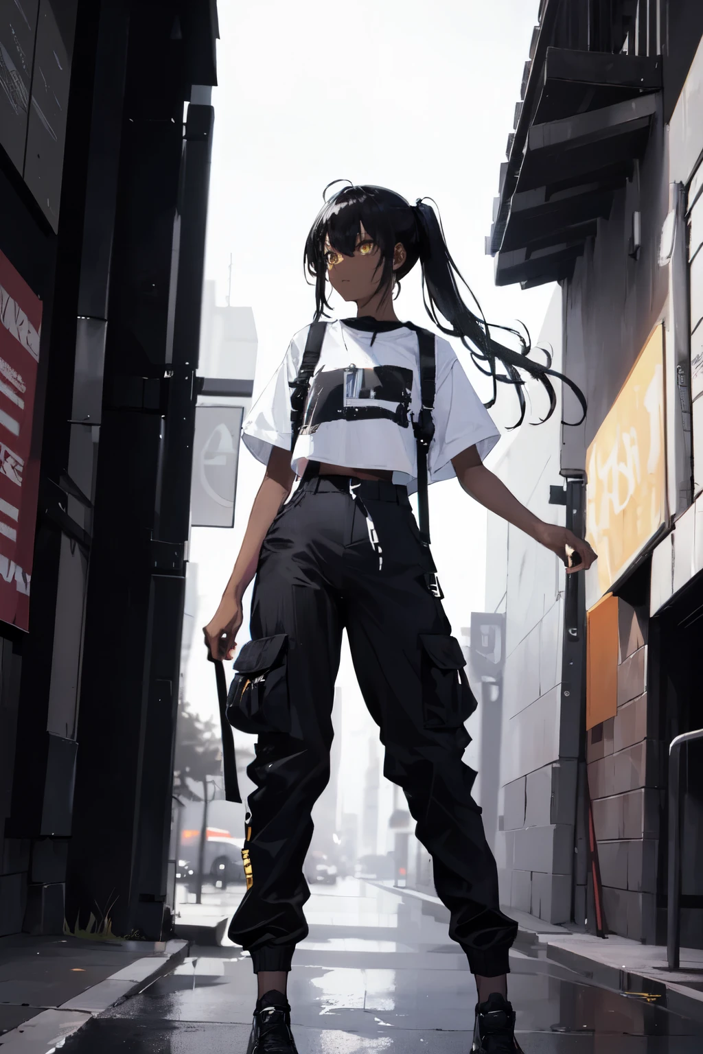 (masterpiece:1.4), 1girl, Streetwear,cargo pants, street, (masterpiece, best quality, highres, ultra detailed ), night, depth of field, absurdreasterpiece:1.4), ultra-detailed, 1girl, dark-skinned, stand up, black and yellow, long black wildly hair with white streaks